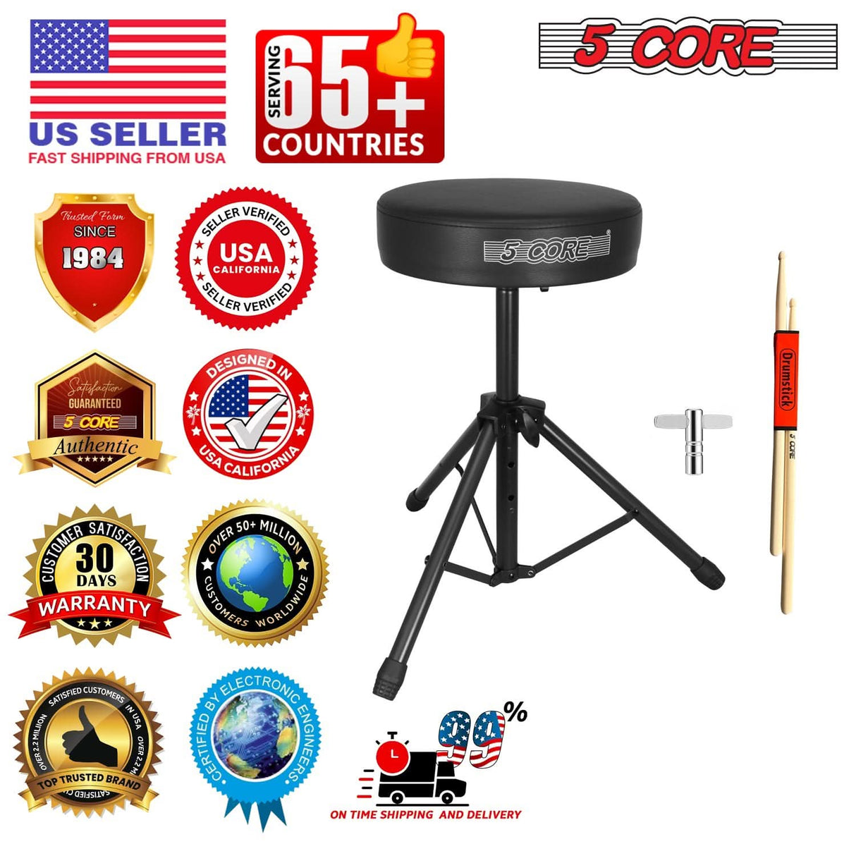 5 Core Drum Throne 3" Thick Padded Memory Foam Comfortable Drummer Stool 330Lb Capacity Adjustable