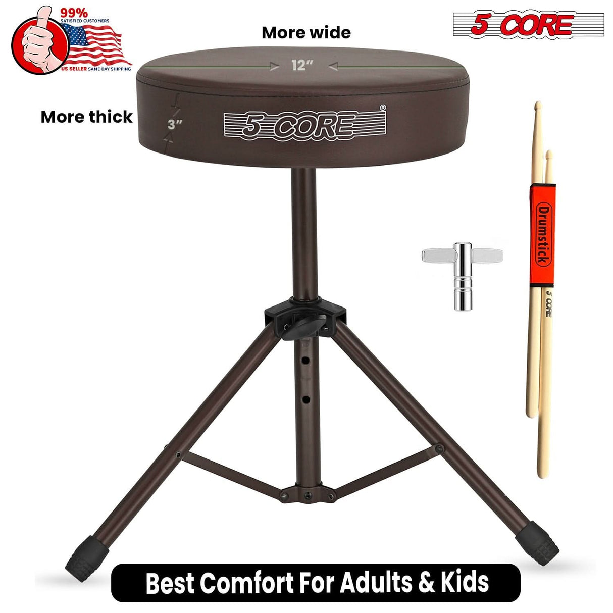 5 Core Drum Throne 3" Thick Padded Memory Foam Comfortable Drummer Stool 330Lb Capacity Adjustable