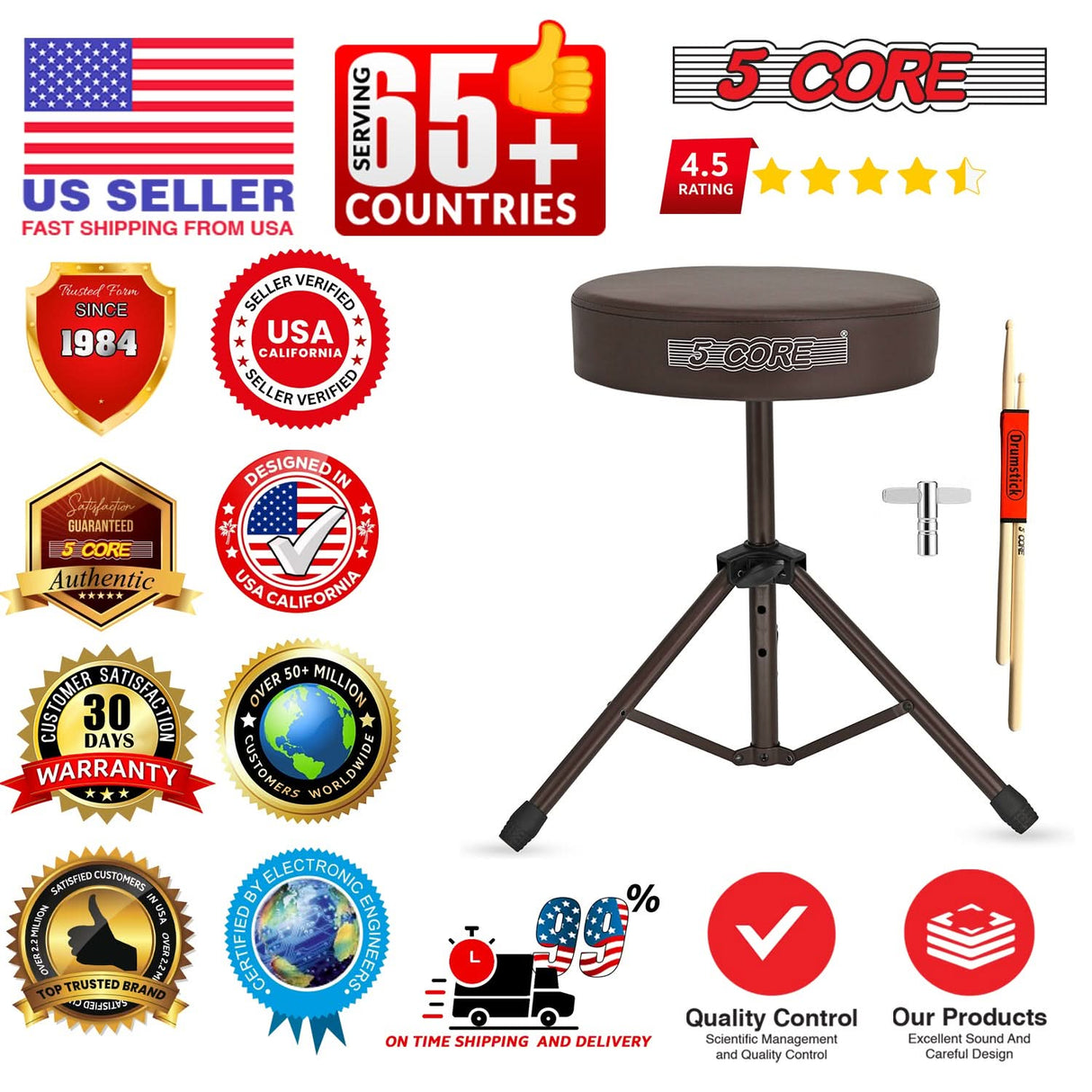 5 Core Drum Throne 3" Thick Padded Memory Foam Comfortable Drummer Stool 330Lb Capacity Adjustable