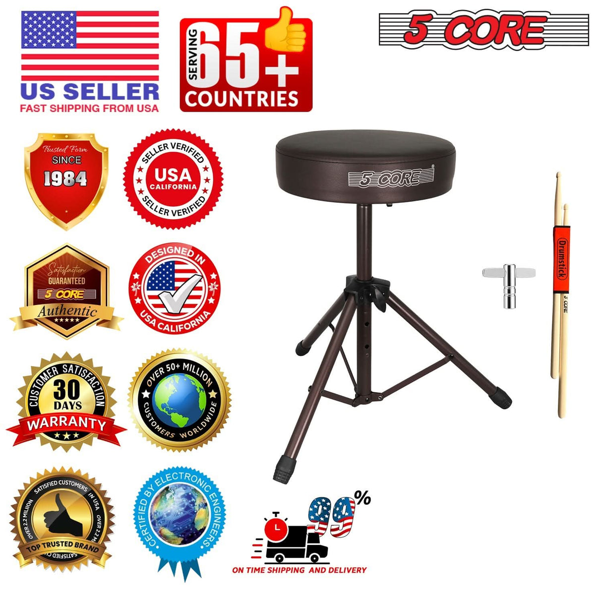 5 Core Drum Throne 3" Thick Padded Memory Foam Comfortable Drummer Stool 330Lb Capacity Adjustable