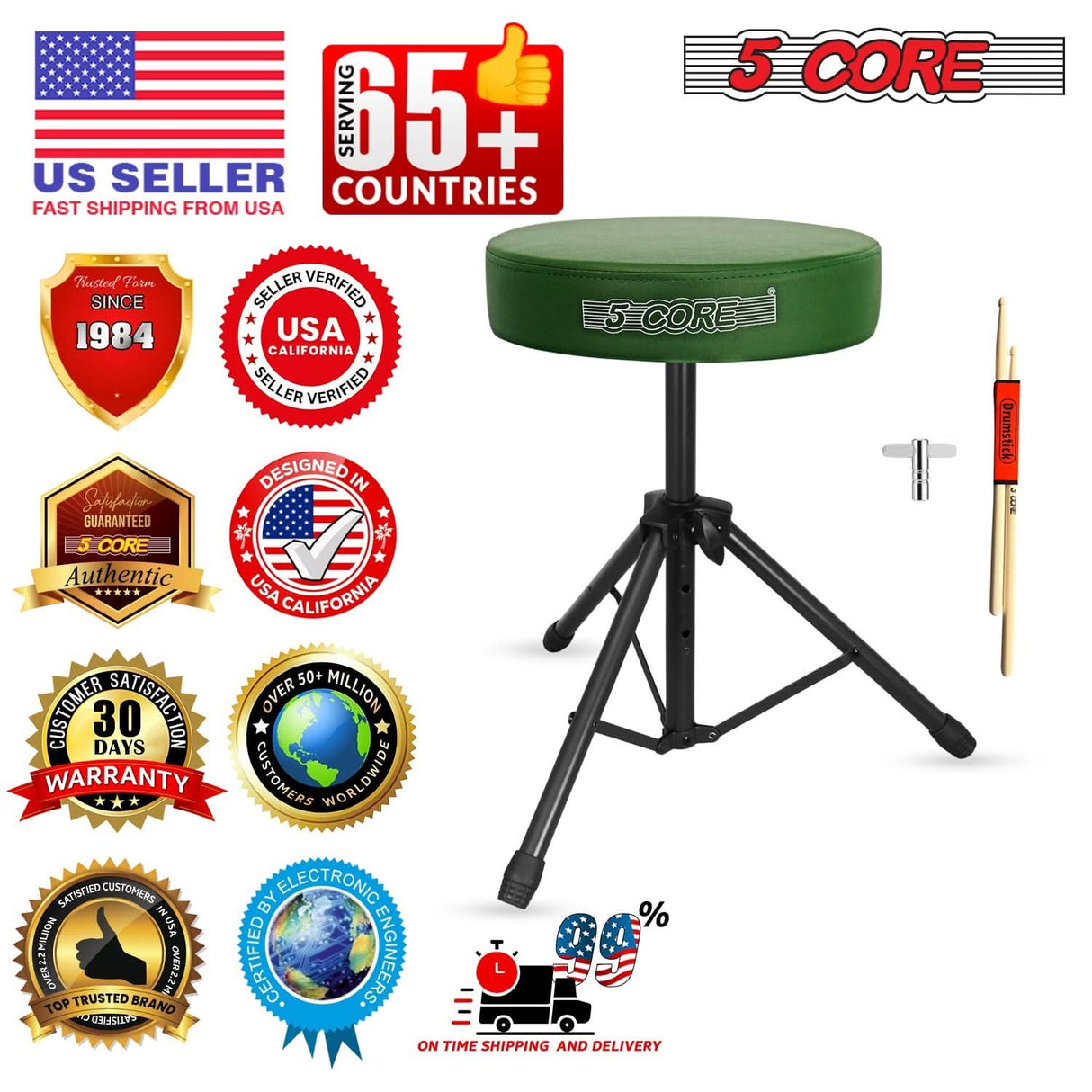 5 Core Drum Throne 3" Thick Padded Memory Foam Comfortable Drummer Stool 330Lb Capacity Adjustable