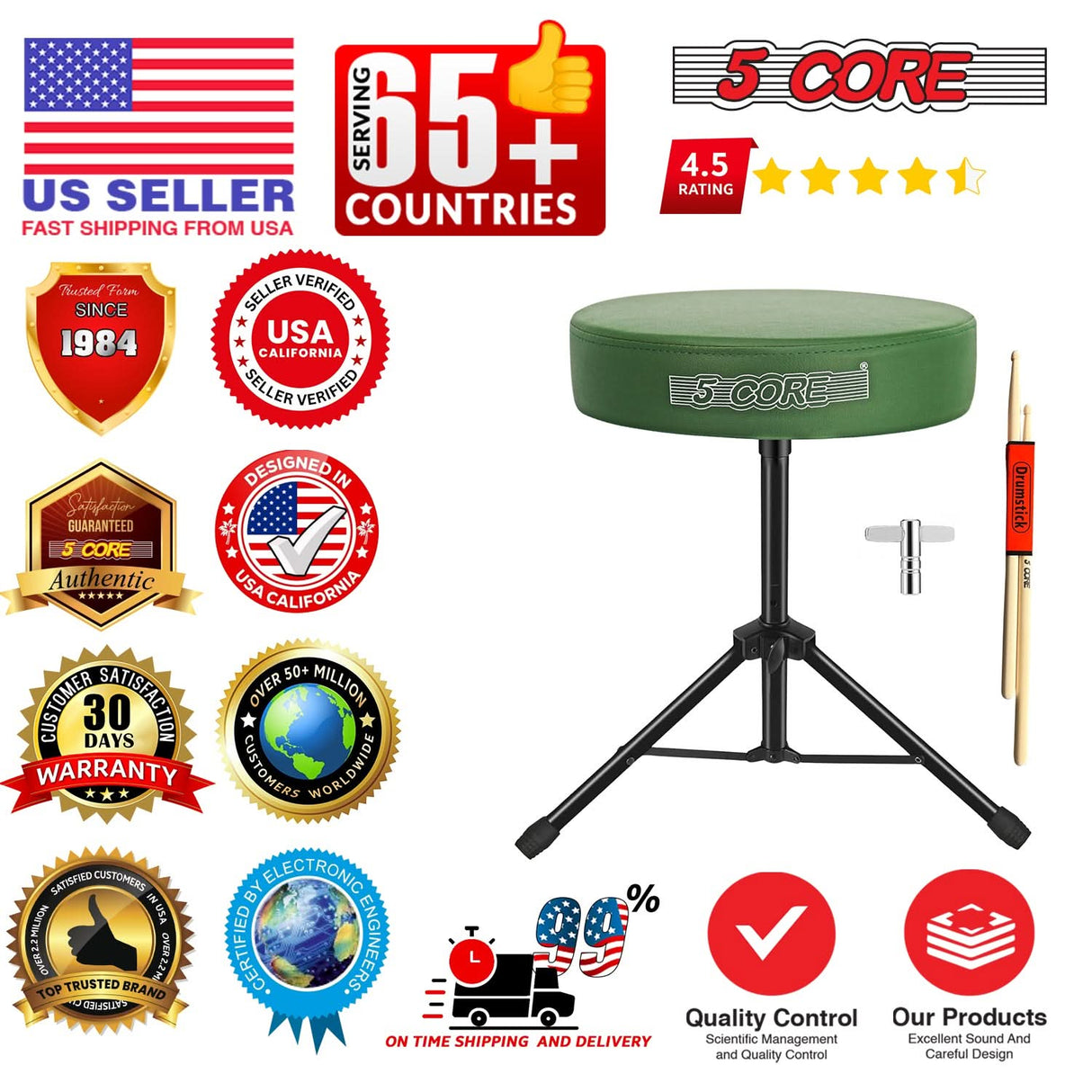 5 Core Drum Throne 3" Thick Padded Memory Foam Comfortable Drummer Stool 330Lb Capacity Adjustable