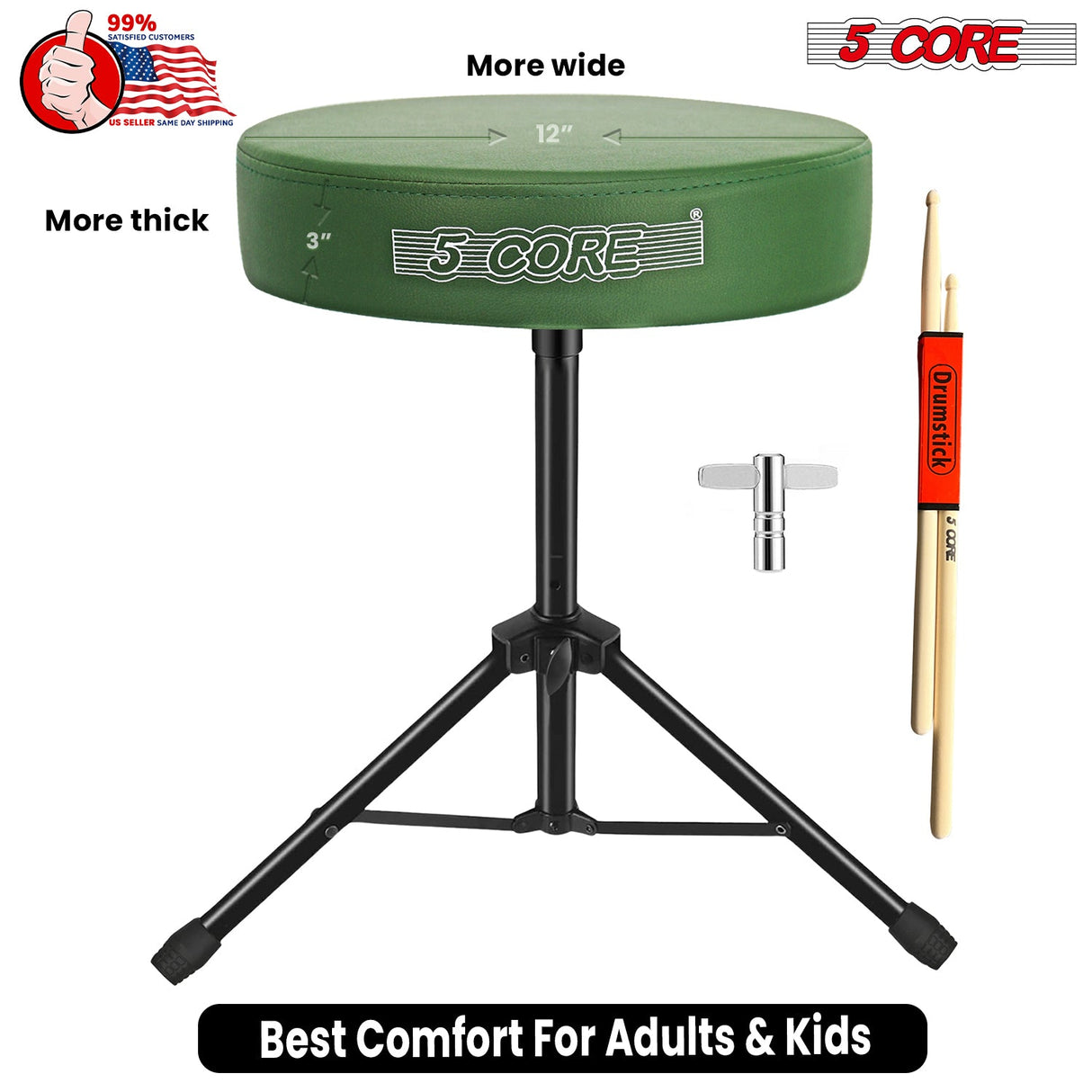 5 Core Drum Throne 3" Thick Padded Memory Foam Comfortable Drummer Stool 330Lb Capacity Adjustable