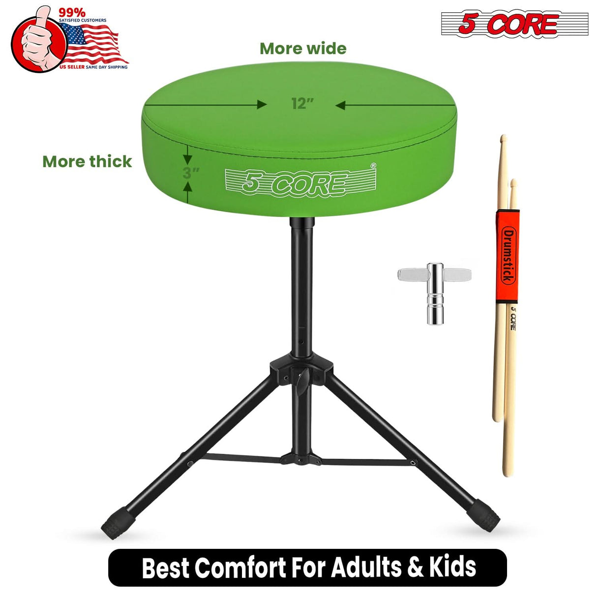 5 Core Drum Throne 3" Thick Padded Memory Foam Comfortable Drummer Stool 330Lb Capacity Adjustable
