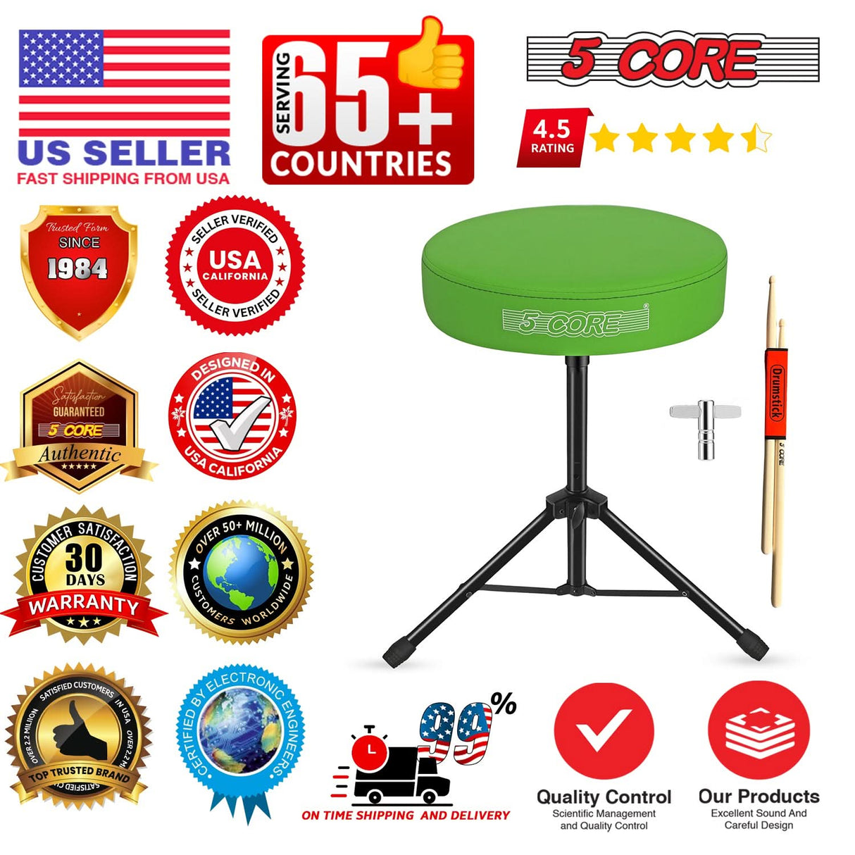 5 Core Drum Throne 3" Thick Padded Memory Foam Comfortable Drummer Stool 330Lb Capacity Adjustable