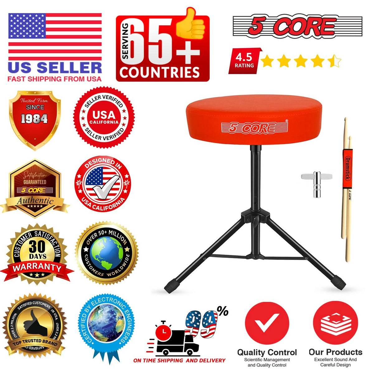 5 Core Drum Throne 3" Thick Padded Memory Foam Comfortable Drummer Stool 330Lb Capacity Adjustable