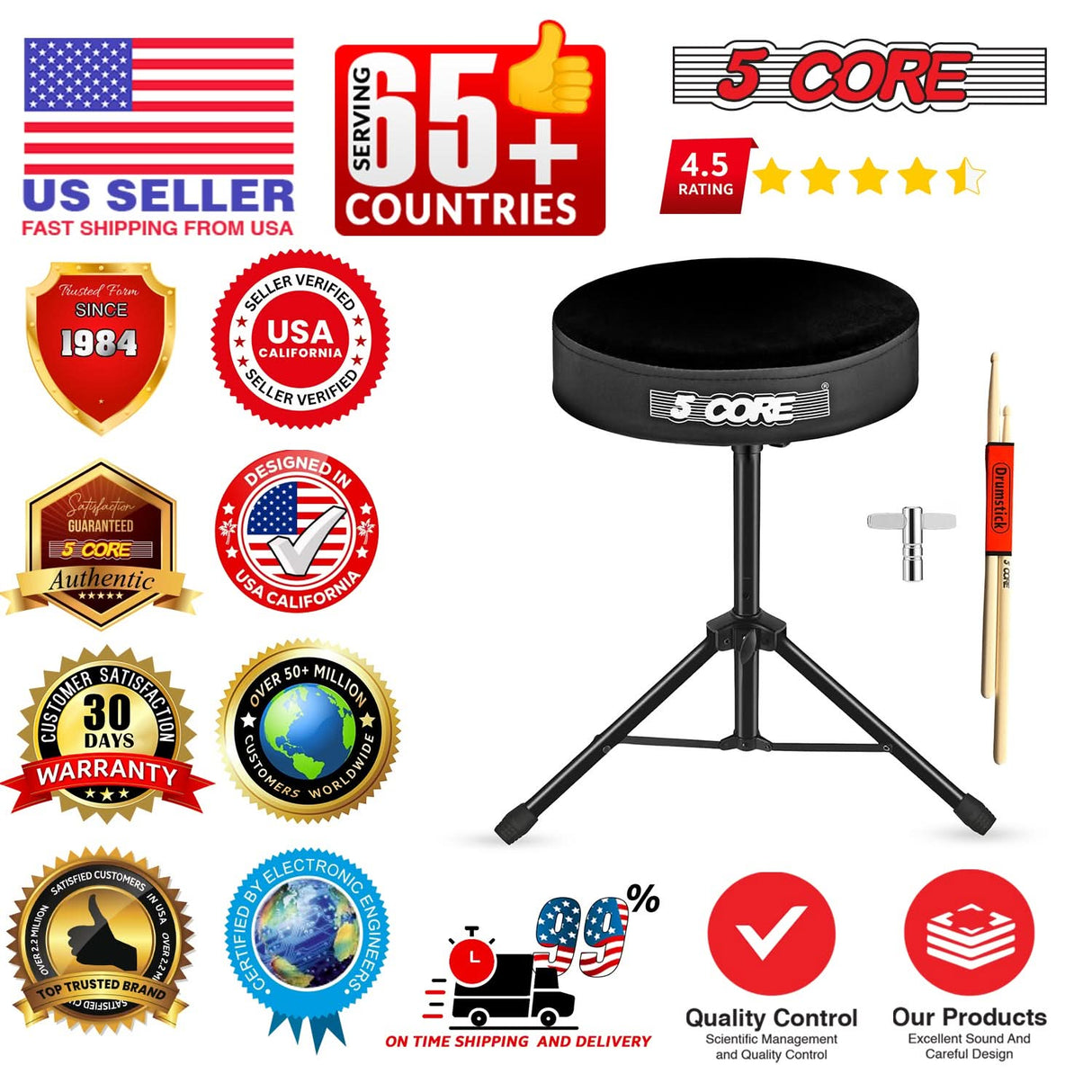 5 Core Drum Throne 3" Thick Padded Memory Foam Comfortable Drummer Stool 330Lb Capacity Adjustable