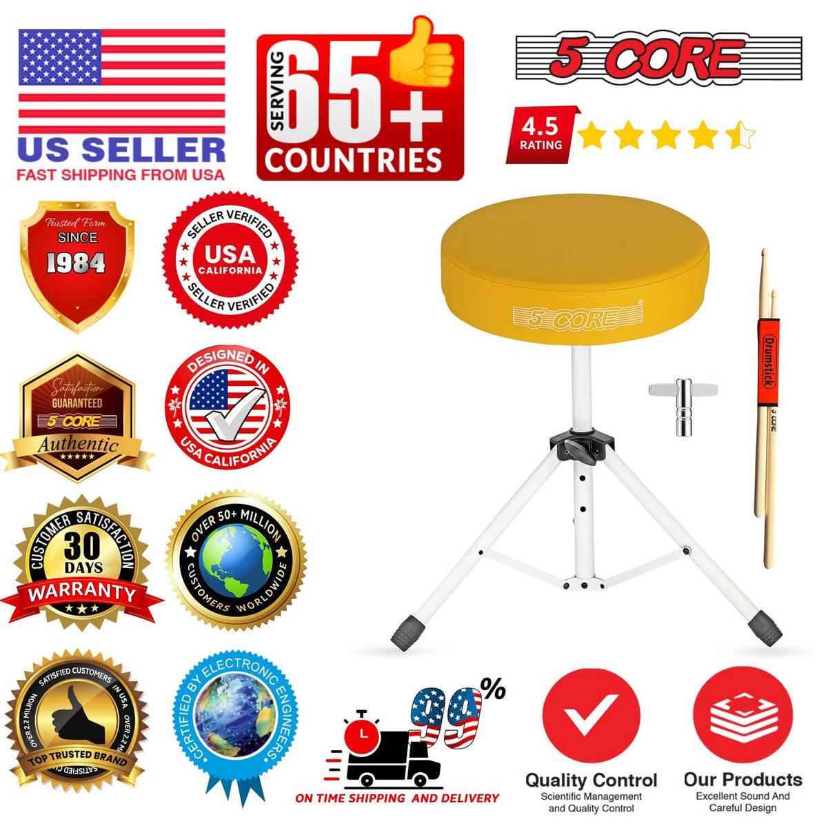 5 Core Drum Throne 3" Thick Padded Memory Foam Comfortable Drummer Stool 330Lb Capacity Adjustable