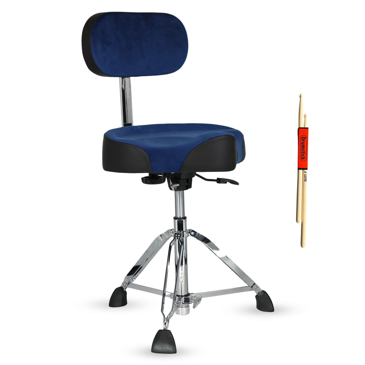 Blue drum stool with chrome base and black seat