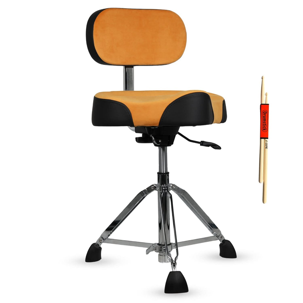 Drum throne with orange and black seat and a drumstick