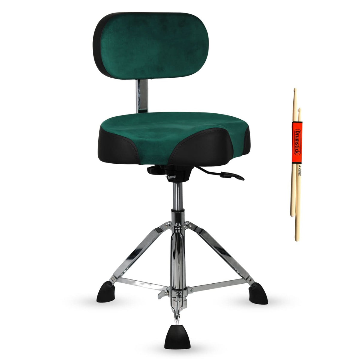 Green drum stool with black seat and chrome base