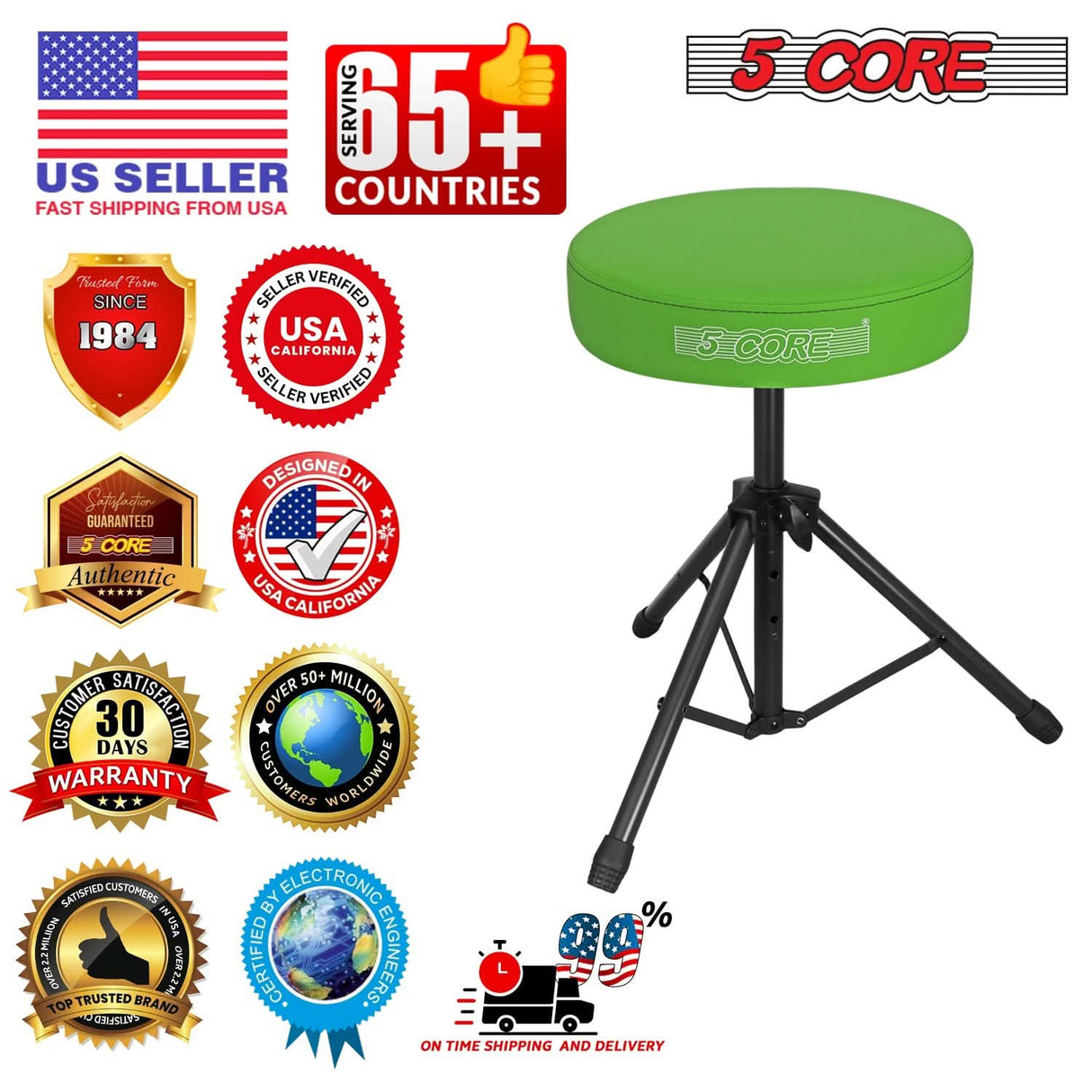5 Core Drum Throne 3" Thick Padded Memory Foam Comfortable Drummer Stool 330Lb Capacity Adjustable