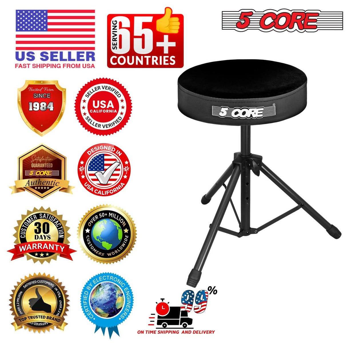 5 Core Drum Throne 3" Thick Padded Memory Foam Comfortable Drummer Stool 330Lb Capacity Adjustable