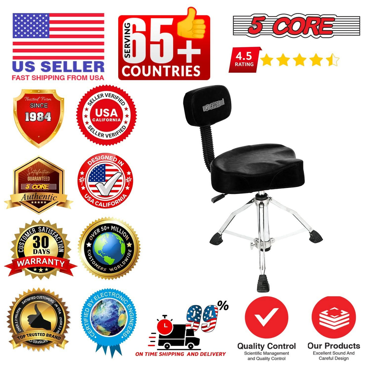 5Core Drum Throne 4" Cushion Padded Stool w Backrest Airlift Height Adjustable Chair w 441Lb Capcity