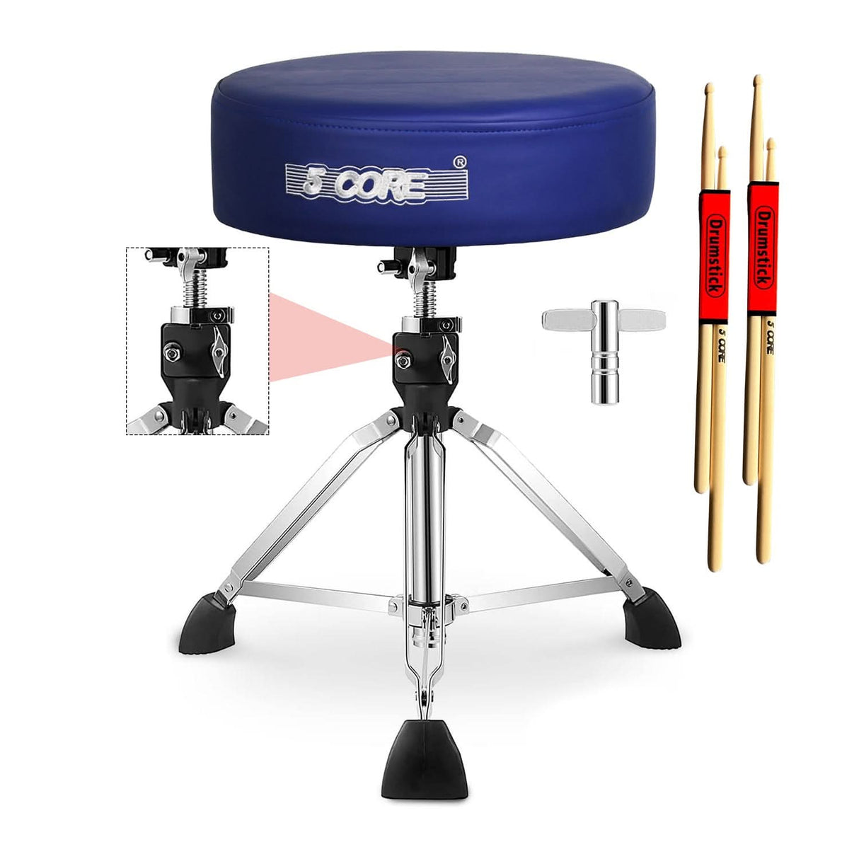 Blue drum stool with adjustable height, black footrest, and drumsticks