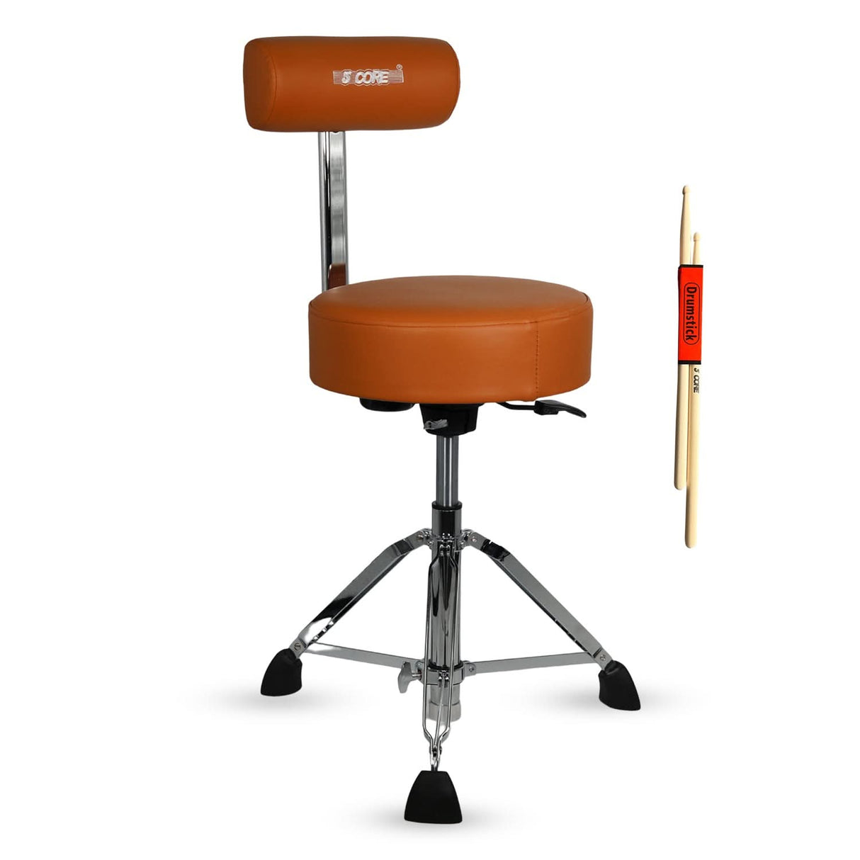 Brown drum stool with a backrest and two drumsticks
