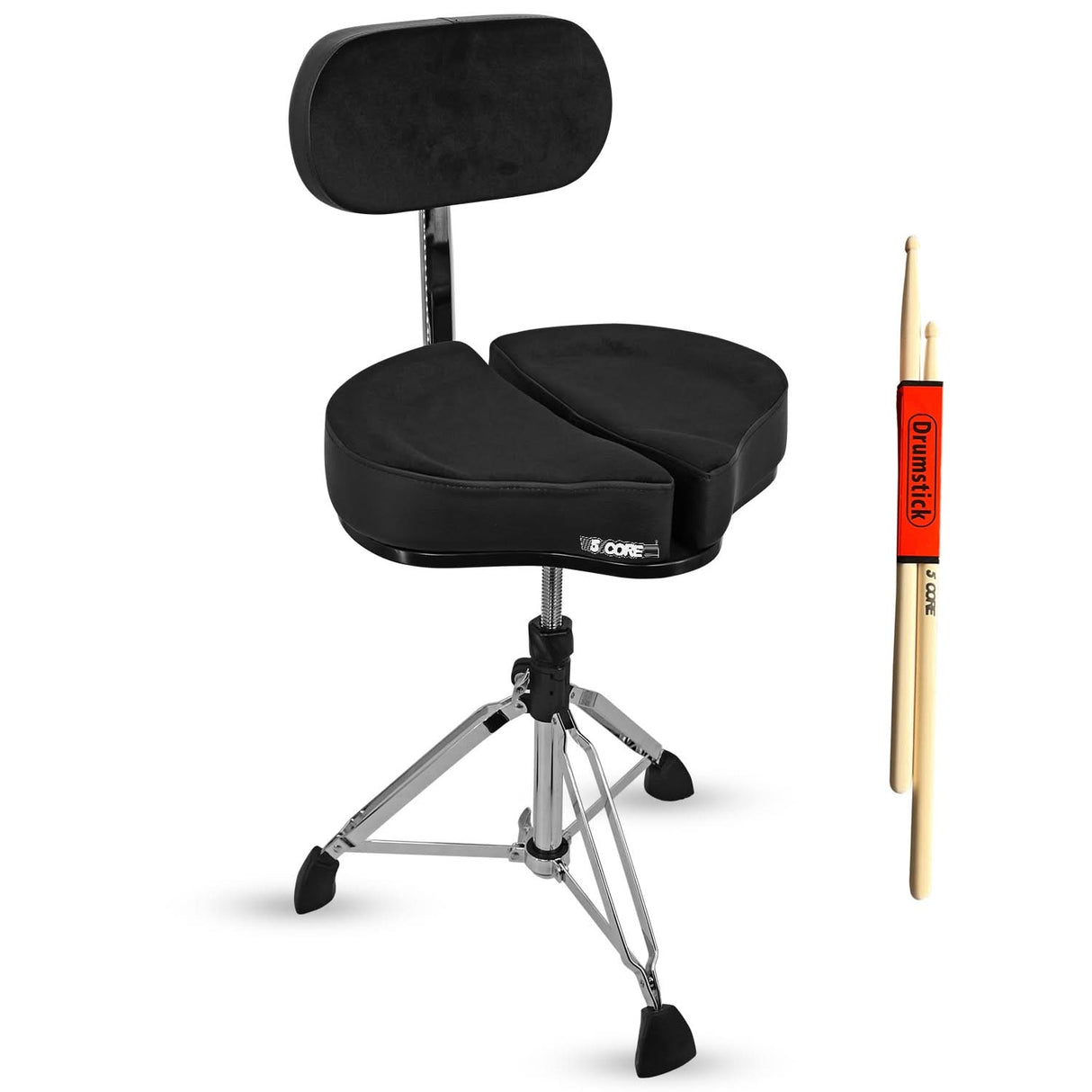 Black drum throne with a pair of drumsticks