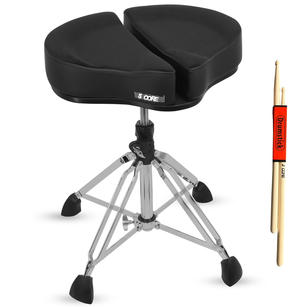 Black drum throne with chrome base and a pair of drumsticks