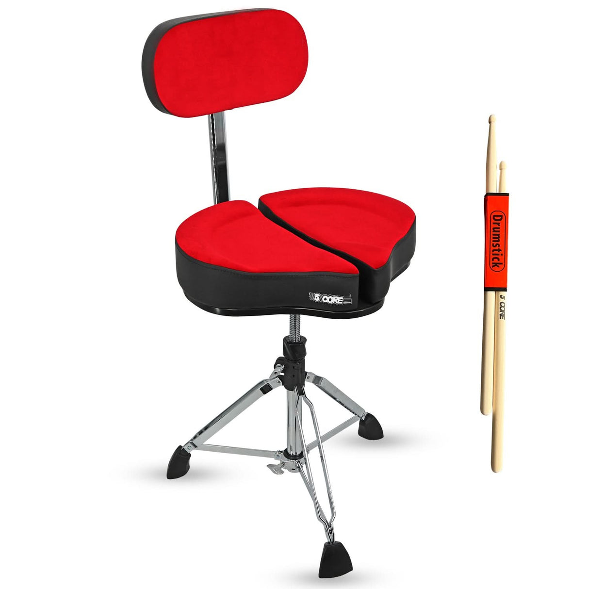 Red and black drum throne with a drumstick