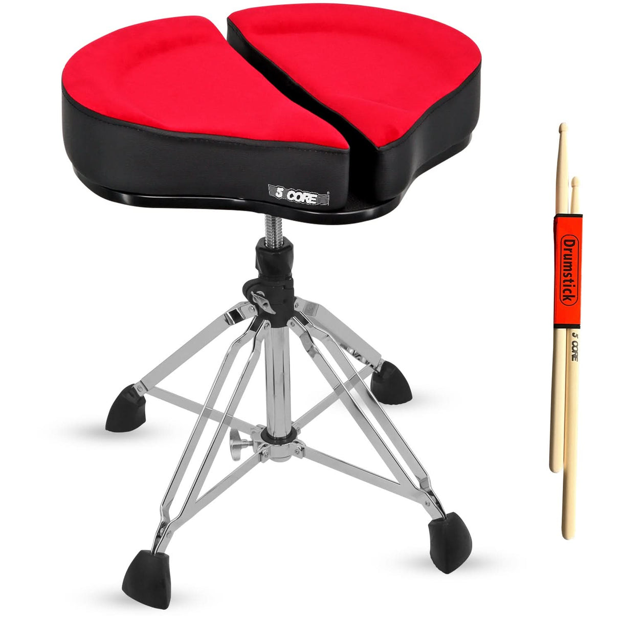 Drum throne with red and black seat and chrome base