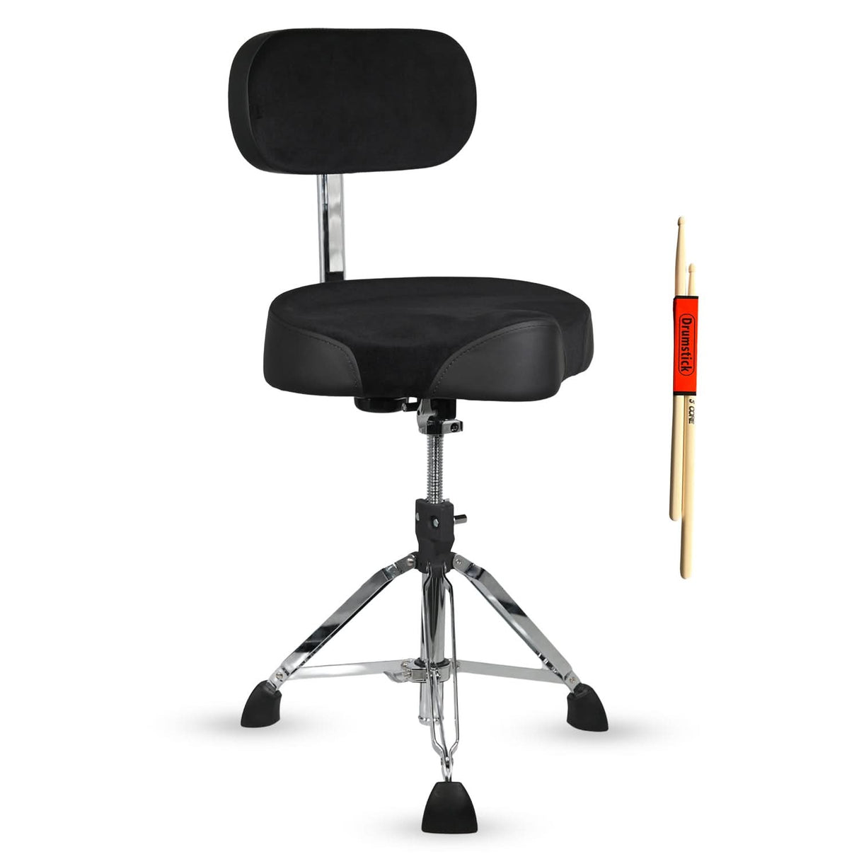 Black drum stool with a backrest and two drumsticks