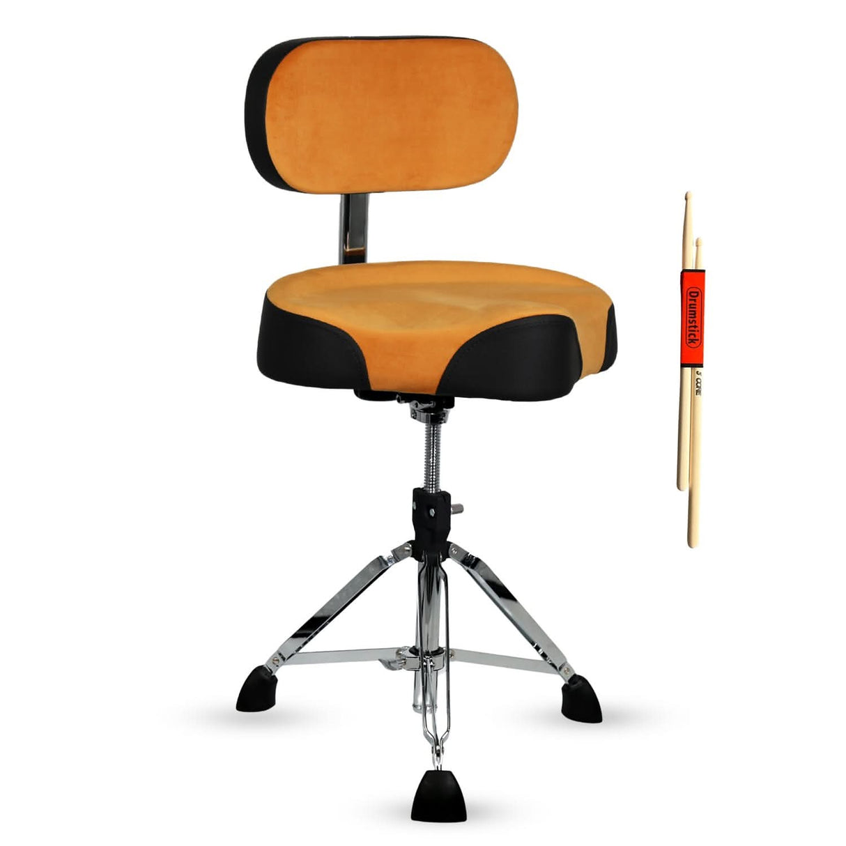 Orange and black drum chair with a pair of drumsticks