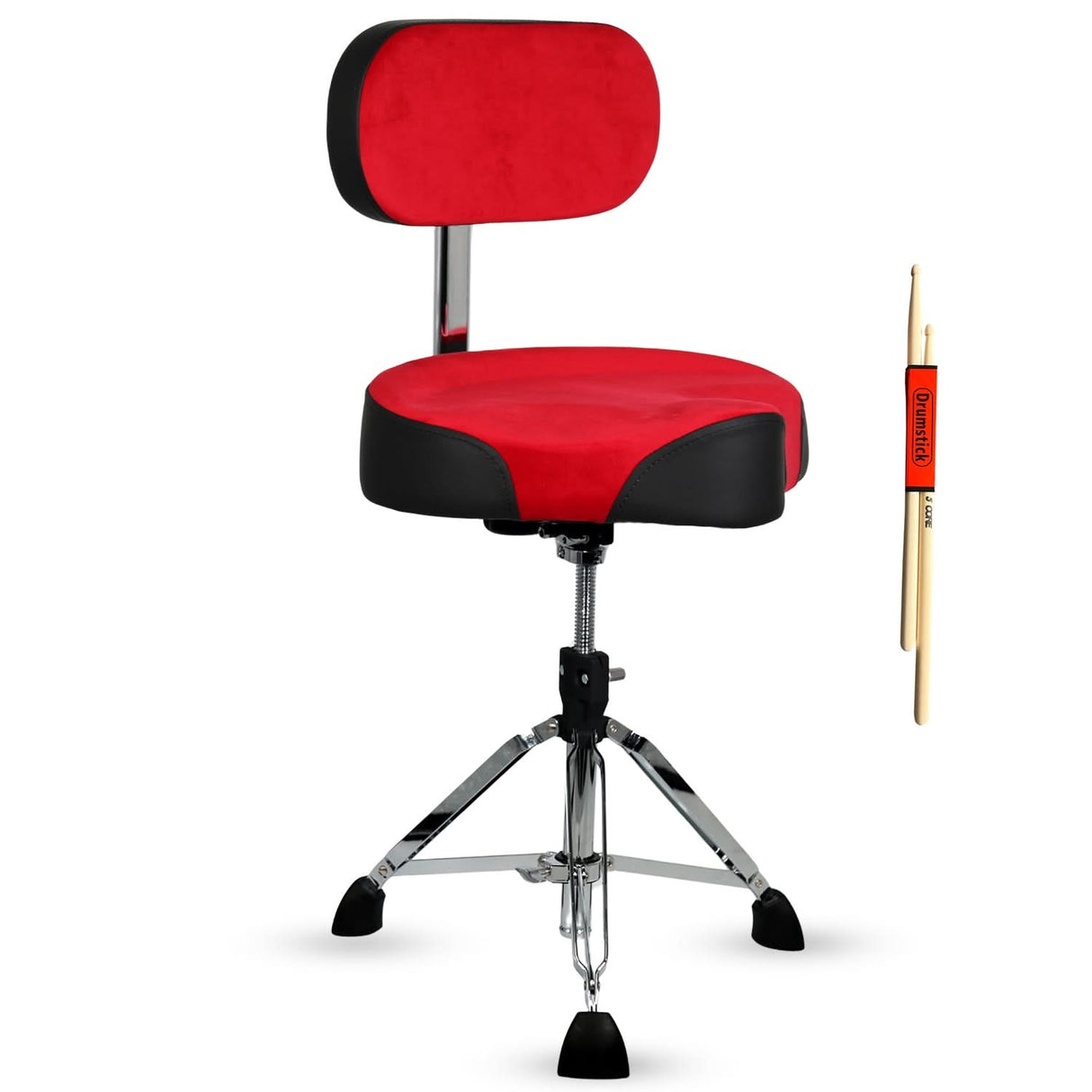 Red and black drum chair with a drumstick