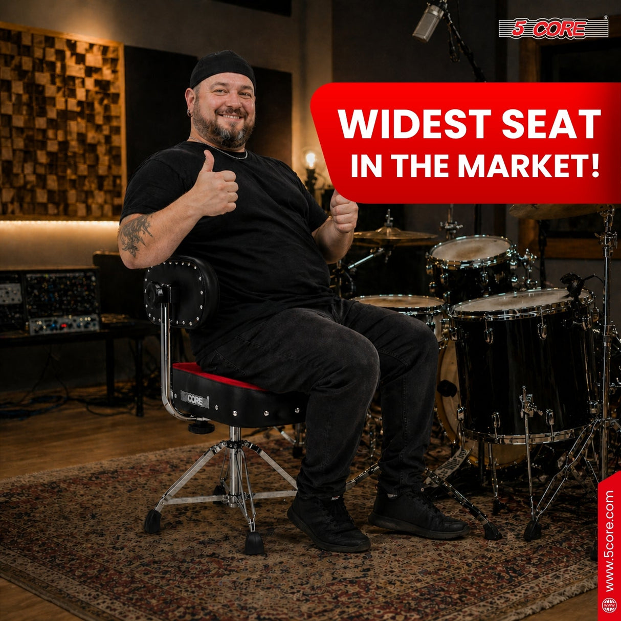 5 Core Drum Throne w Backrest 4" Padded Stool Airlift Adjustable Drummer Chair