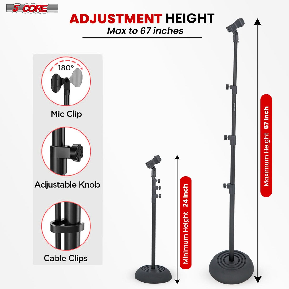 5Core Mic Stand Pair Floor Adjustable Universal Heavy Duty Microphone Stands Round Base Soporte De micrófono