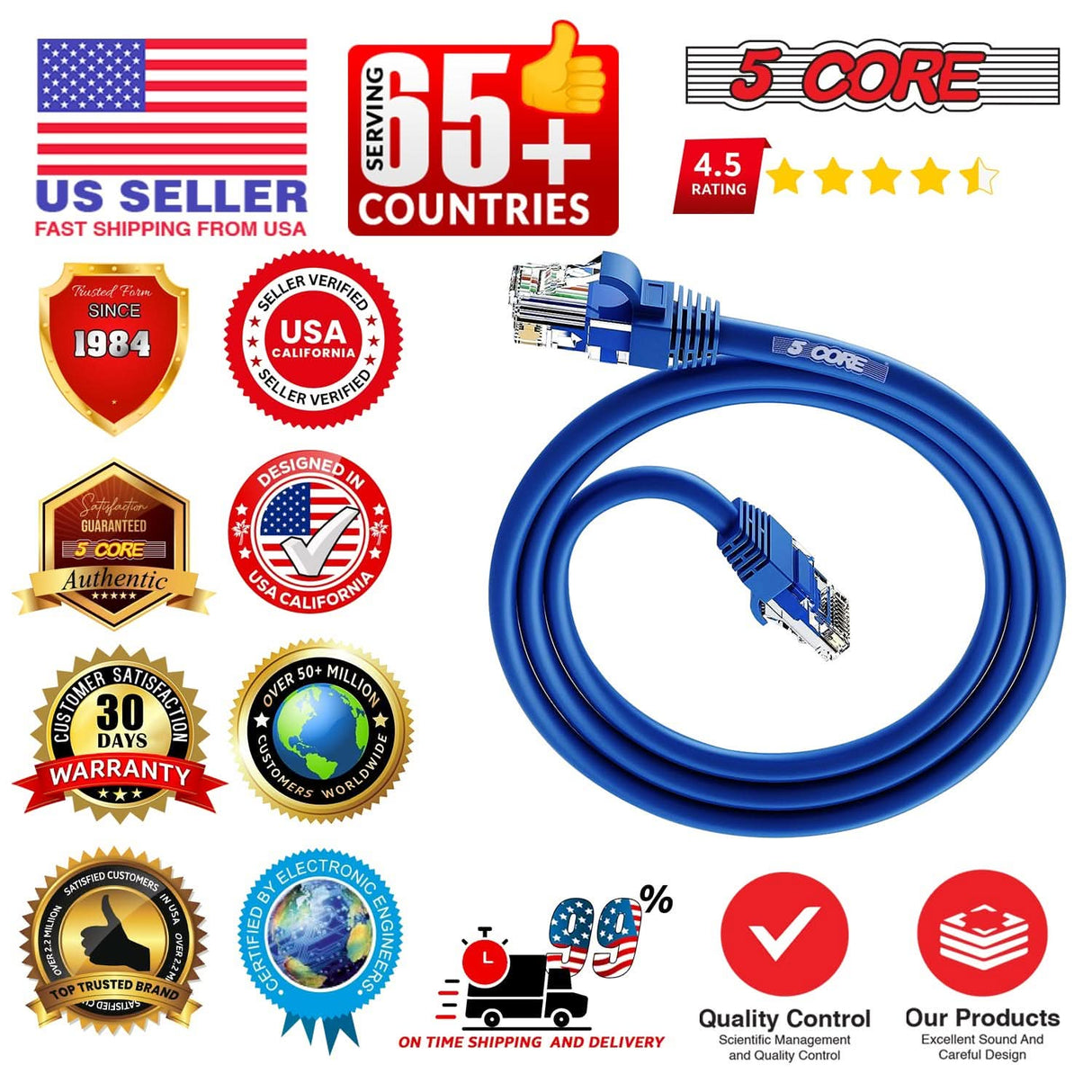 5Core Cat 6 Ethernet Cable Long Computer Internet Cables WiFi RJ45 Cord for Gaming