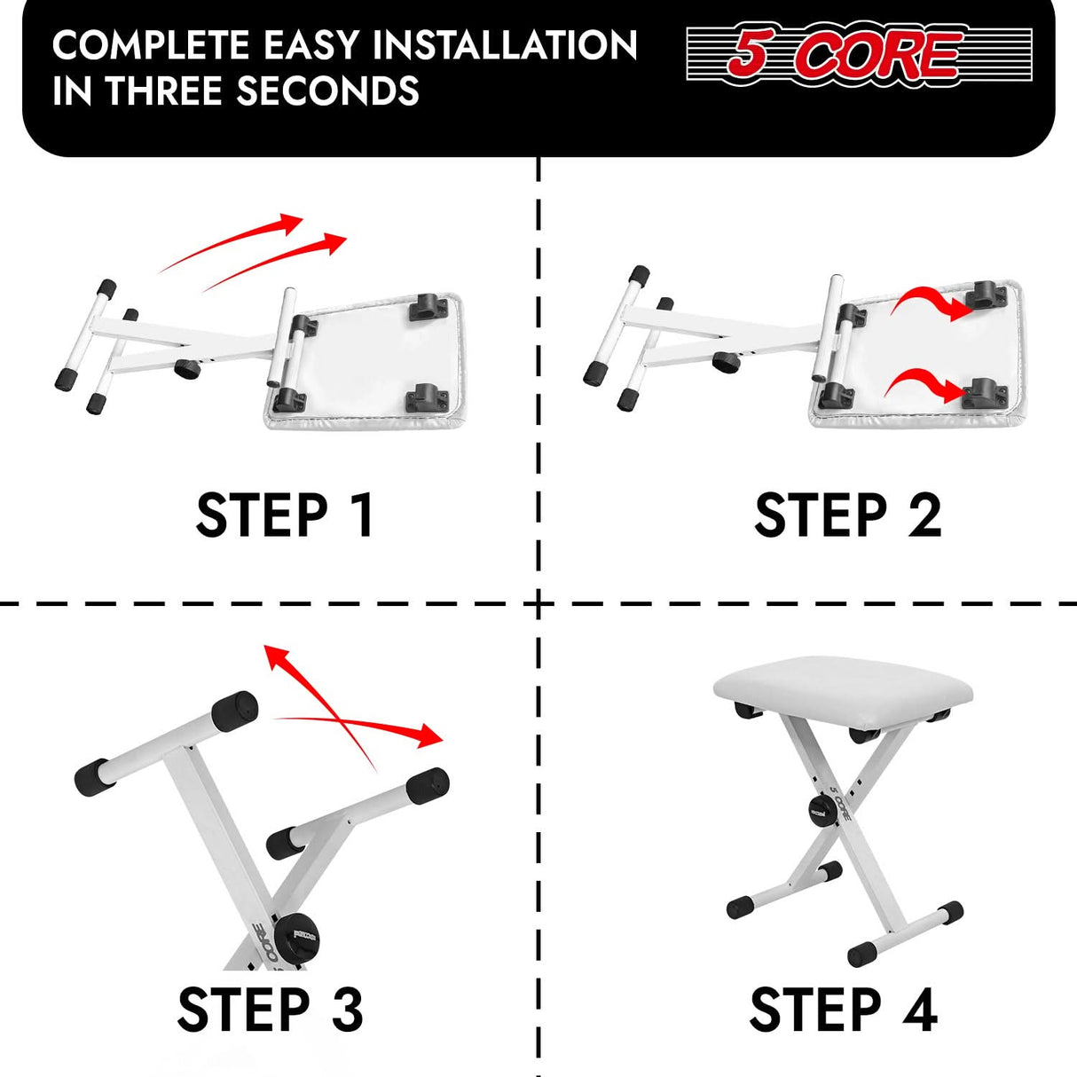 5 Core keyboard bench padded cushioned piano stool full angle view