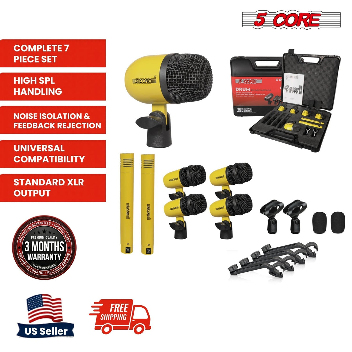 5 Core Drum Microphone Kit 7 Piece All Metal Drummer Instrument Mics Tom/Snare & Cymbals Set