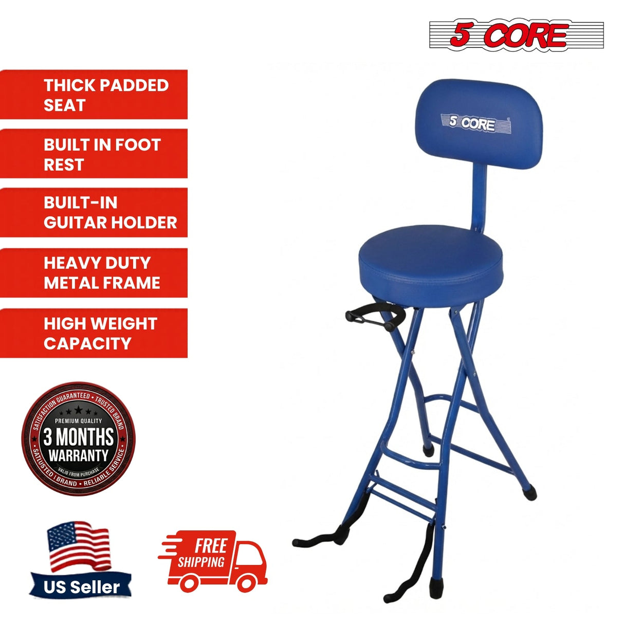 5 Core Guitar Stool w Backrest 3.15" Padded Chair Foldable Music Seat Built in Foot Rest Guitar Stand