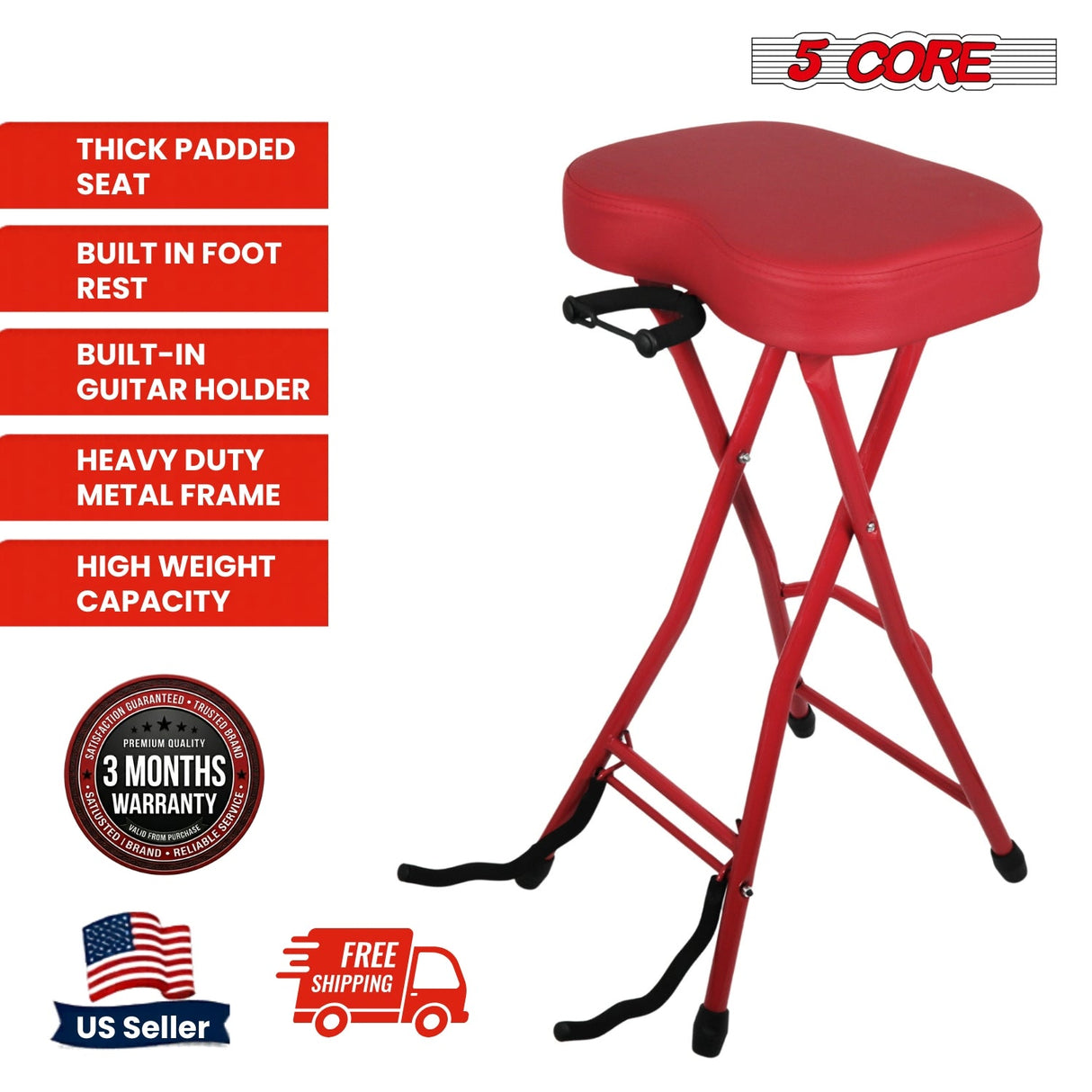 5 Core Guitar Stool 3.15" Padded Chair Foldable Music Seat w Built in Foot Rest Guitar Stand
