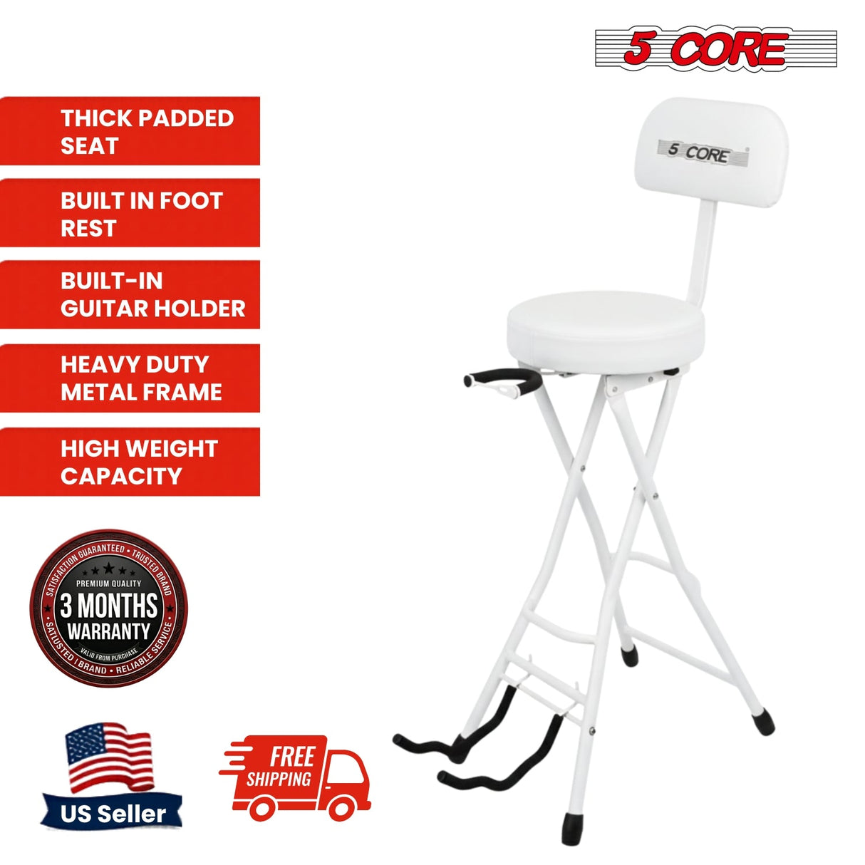 5 Core Guitar Stool w Backrest 3.15" Padded Chair Foldable Music Seat Built in Foot Rest Guitar Stand