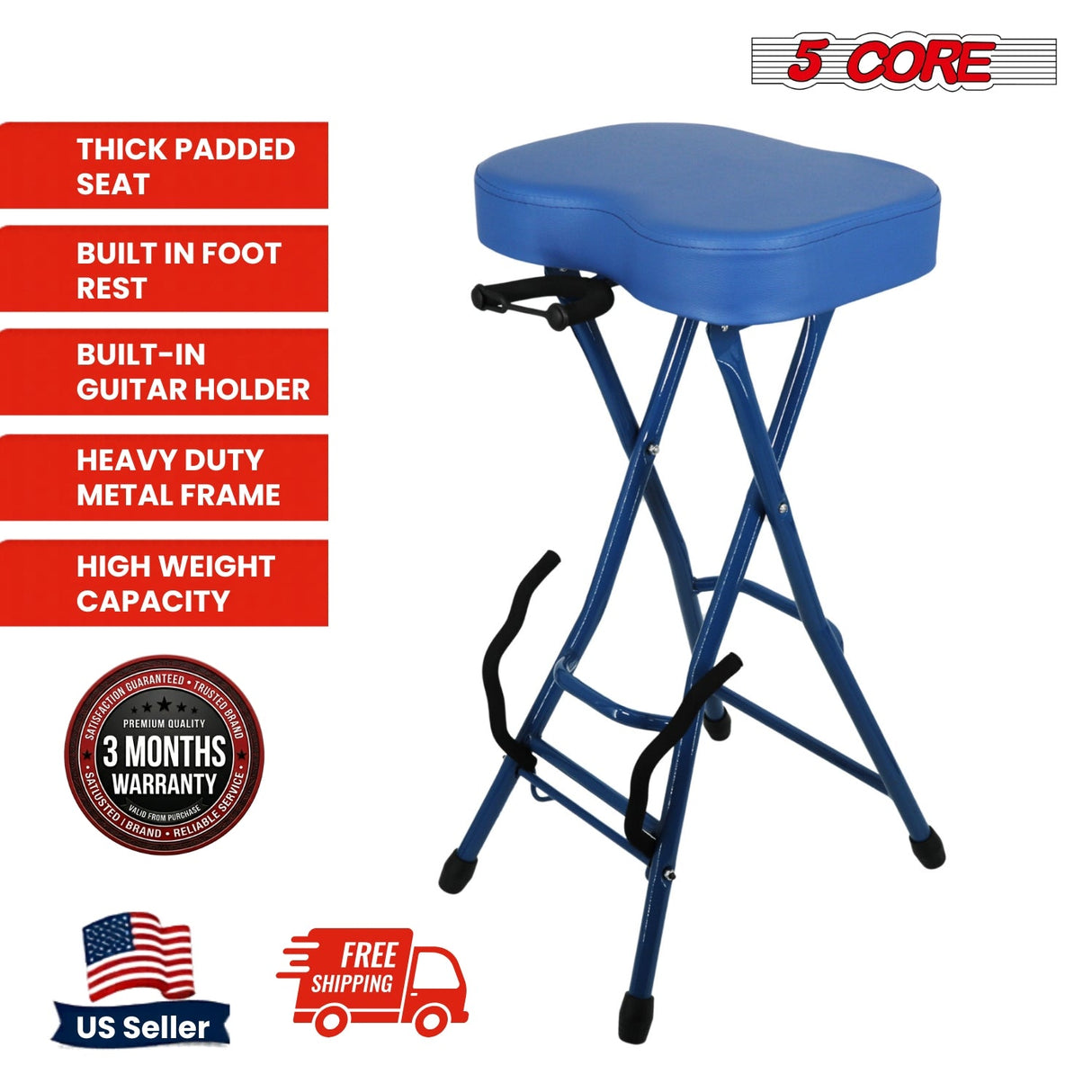 5 Core Guitar Stool 3.15" Padded Chair Foldable Music Seat w Built in Foot Rest Guitar Stand