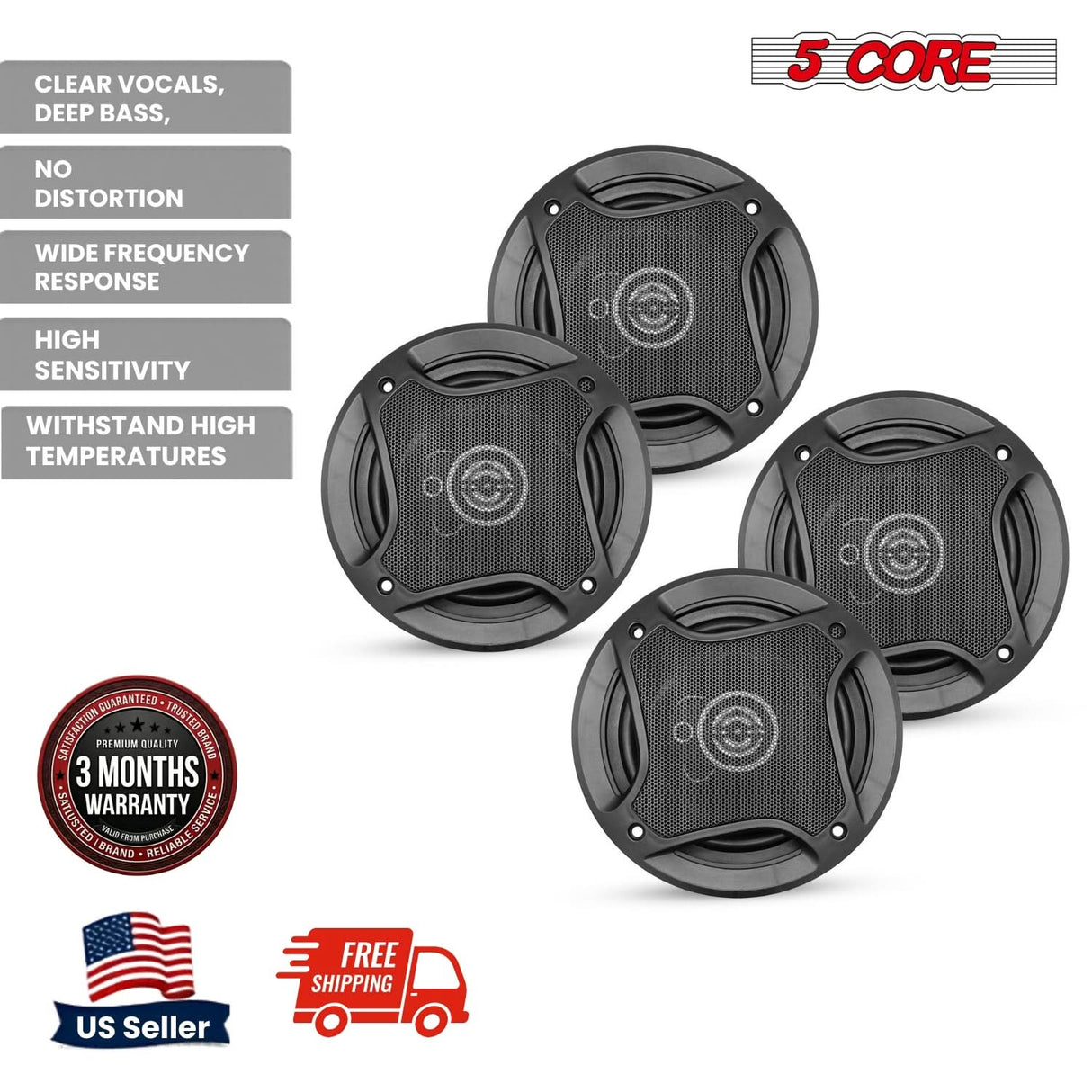 5Core Coaxial Car Door Speakers 5” 4Pcs 350W 4Ohm 2 Way Component Subwoofer Audio w Super Tweeter
