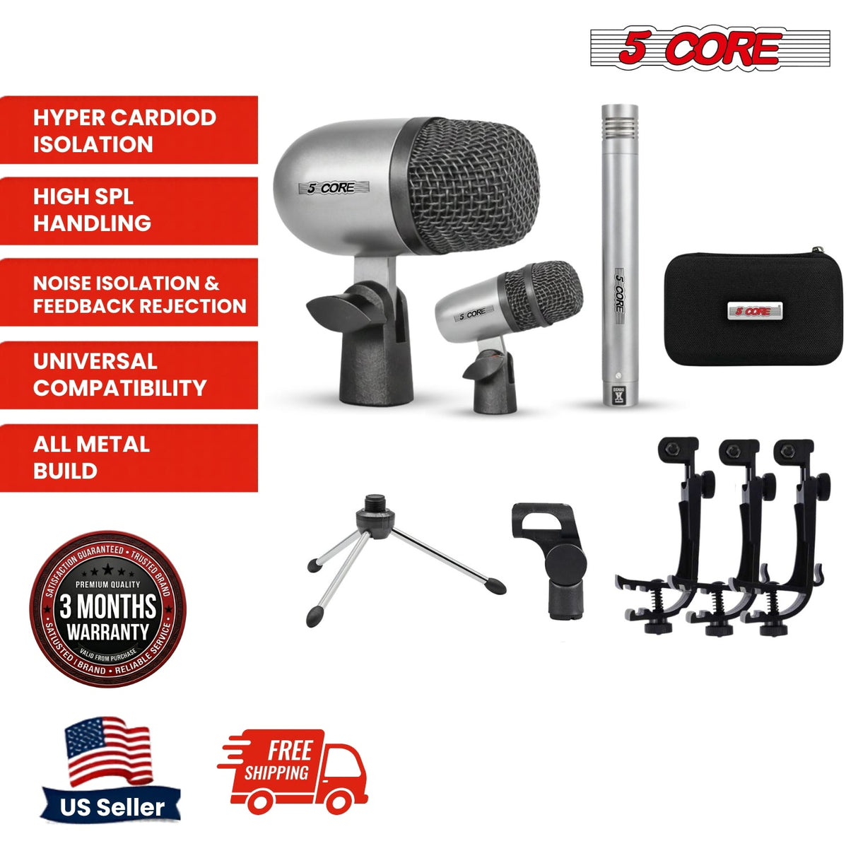 5 Core Conga Mic Snare Tom Set Professional XLR Cardioid Unidirectional Instrument Microphone Kit