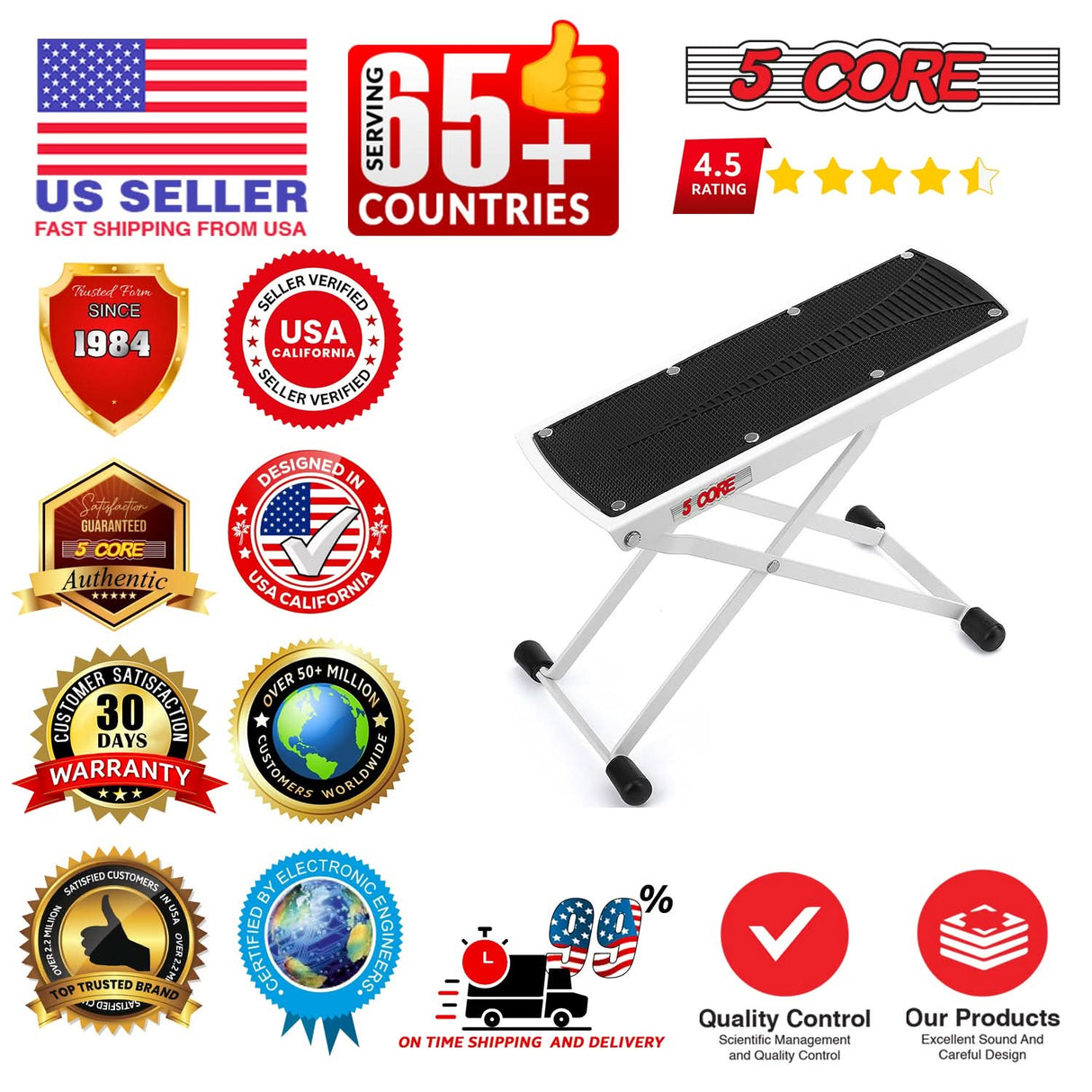 5Core Guitar Foot Stool Height Adjustable Folding Leg Rest Classical Footrest