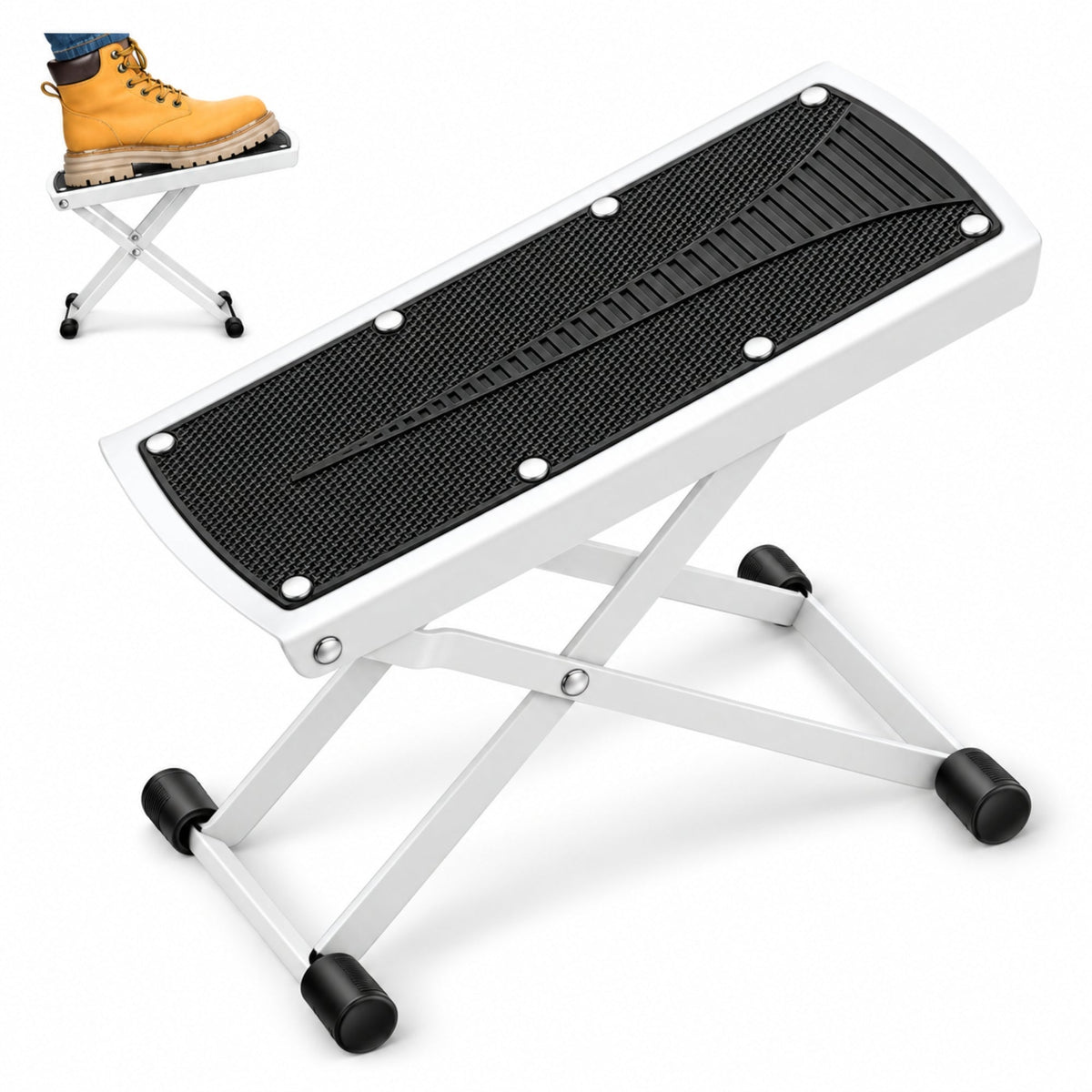 5 Core Guitar Foot Stool Metal 6-Level Adjustable Folding Leg Rest White