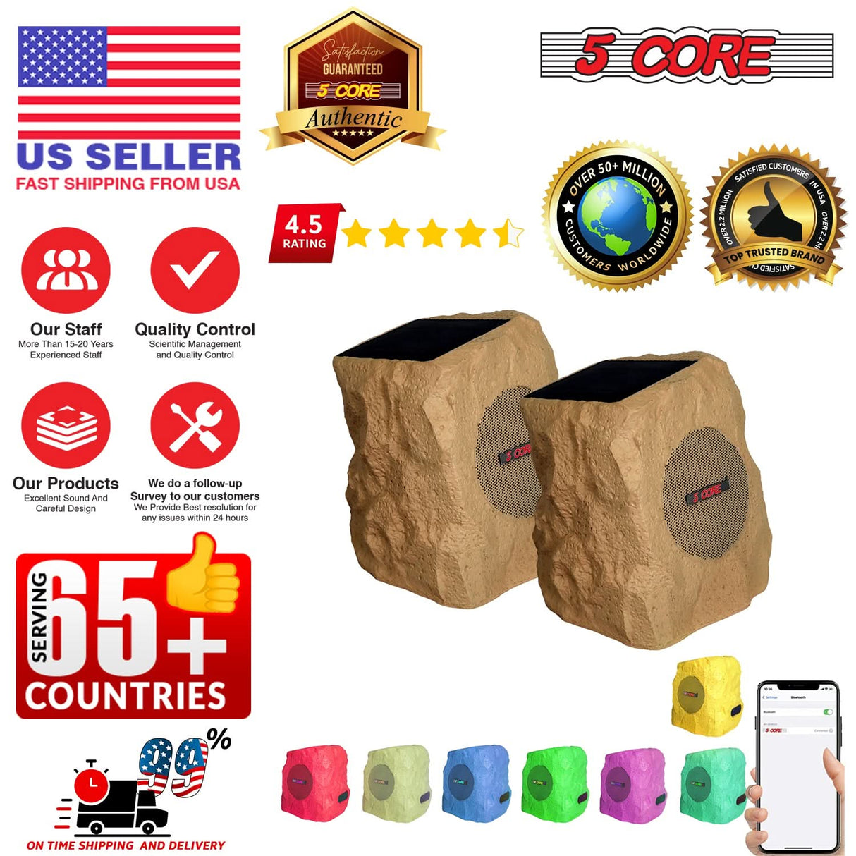 5 Core Rock Speaker Outdoor Waterproof Bluetooth Garden Speakers Solar & USB Charging RGB Colors for Patio Pool & Home