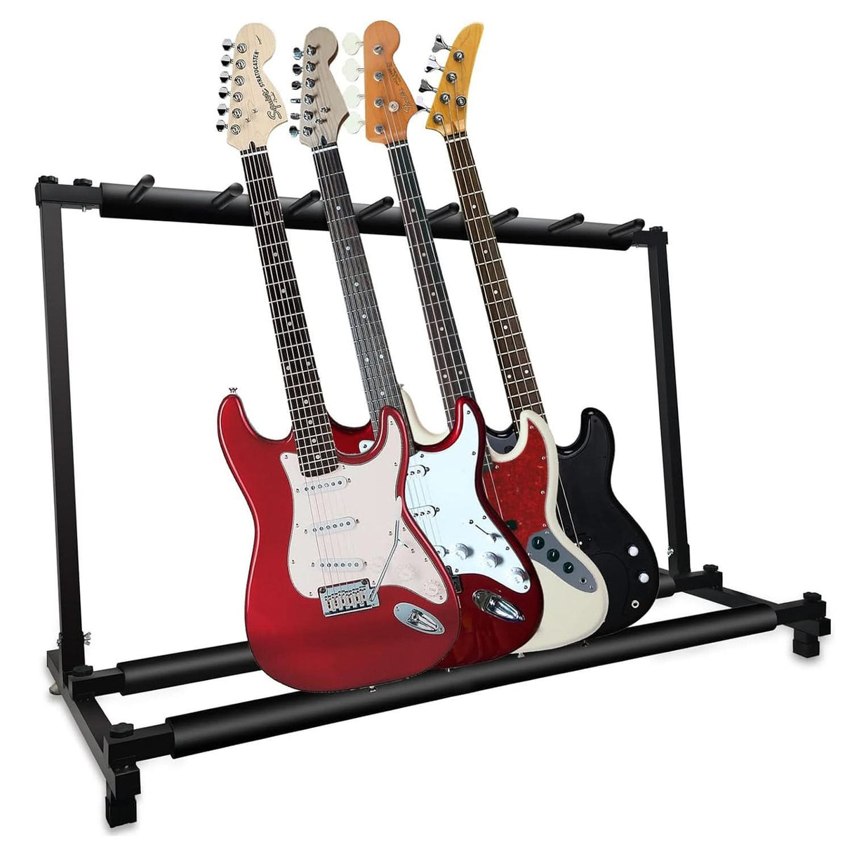 Bass stand, double neck guitar, and guitar floor stand with multiple guitar storage.