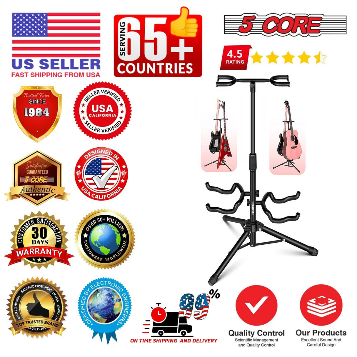 5 Core Guitar Stand Adjustable Double Guitars Stands Floor w Neck Holder for Acoustic Electric Bass