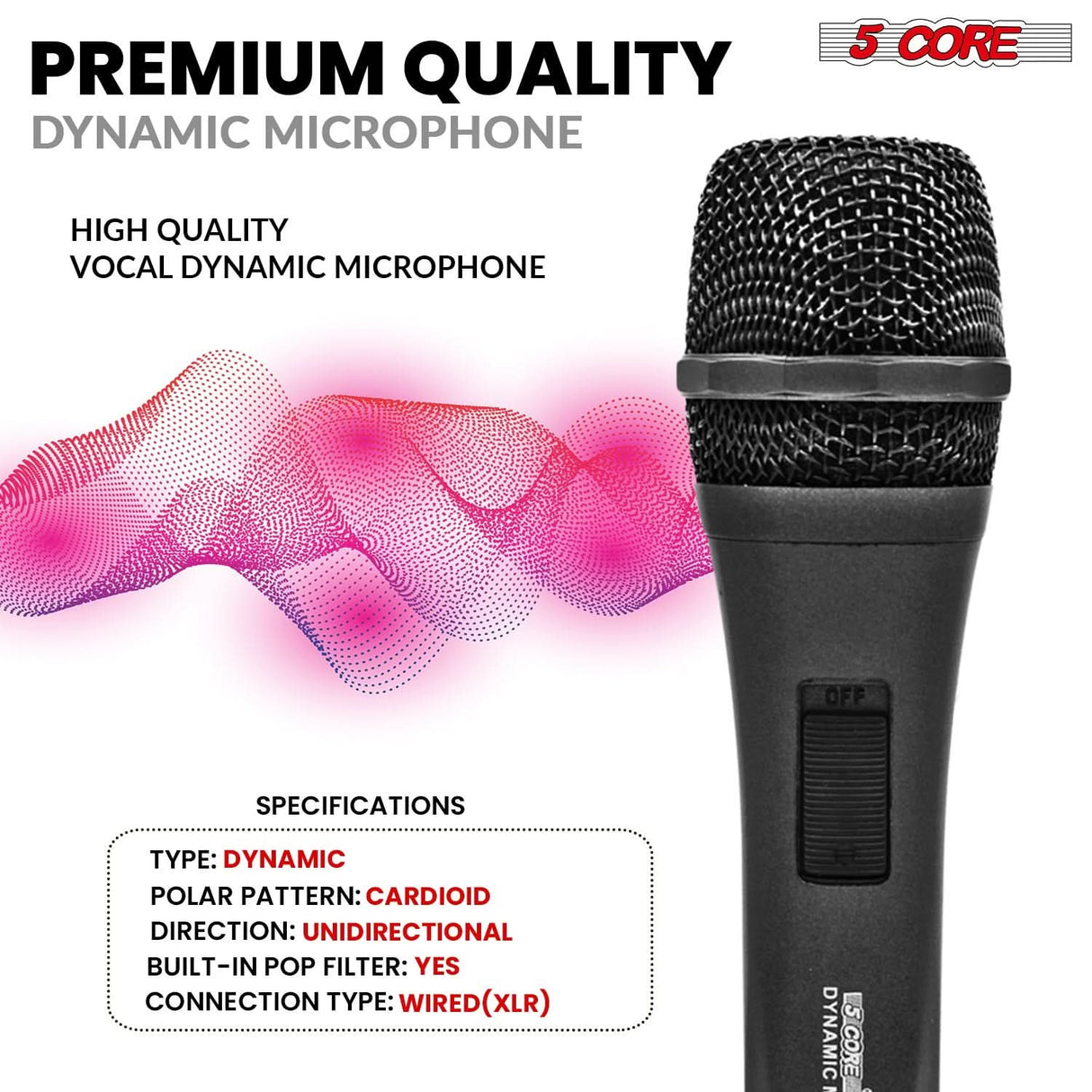 5Core dynamic XLR microphone handheld mic for clear sound in studio and karaoke