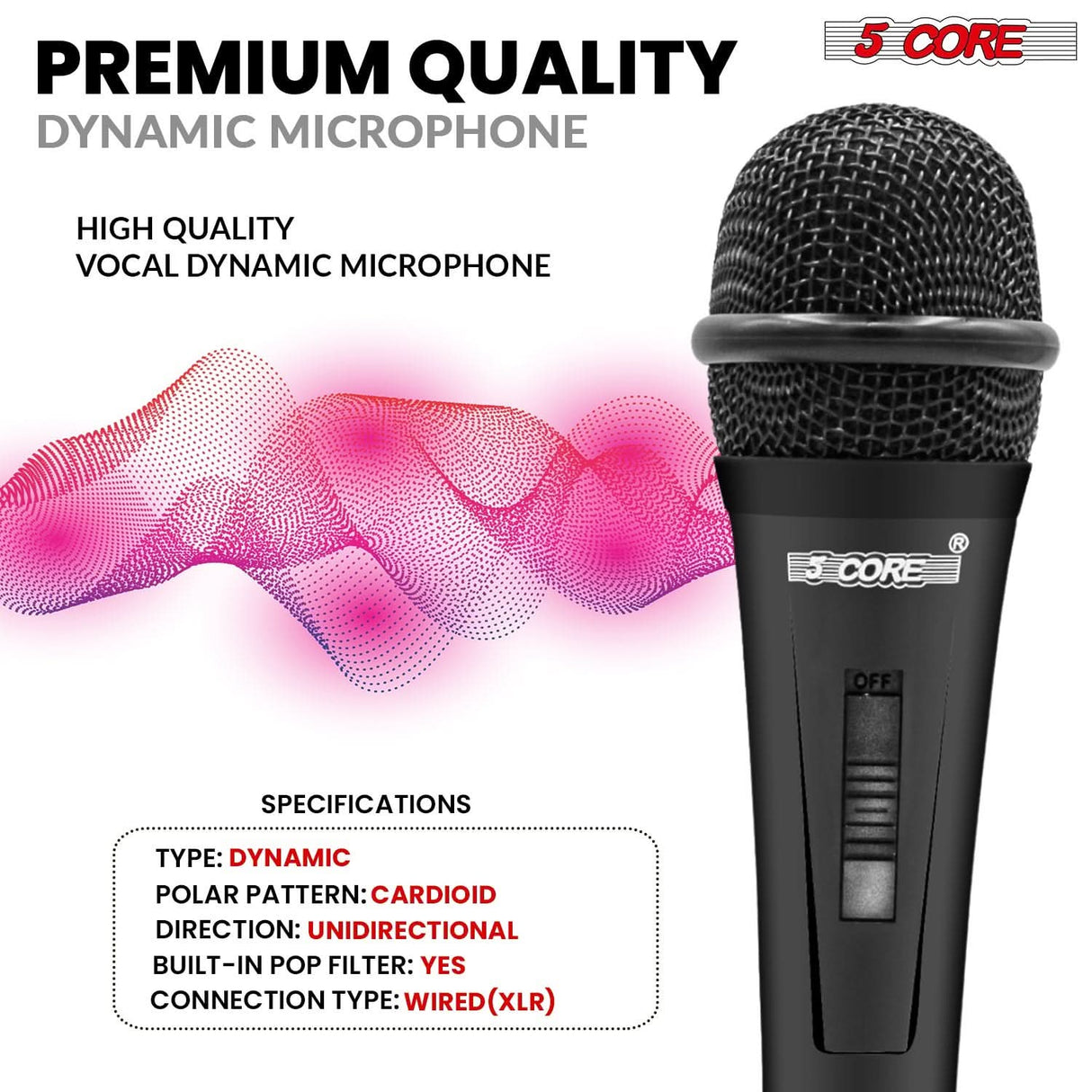 5Core durable XLR dynamic mic for singing studio recording and karaoke fun