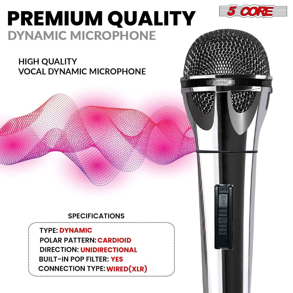 5Core dynamic XLR microphone handheld mic for clear sound in studio and karaoke