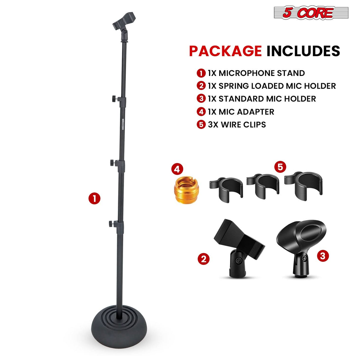5Core Mic Stand Pair Floor Adjustable Universal Heavy Duty Microphone Stands Round Base Soporte De micrófono