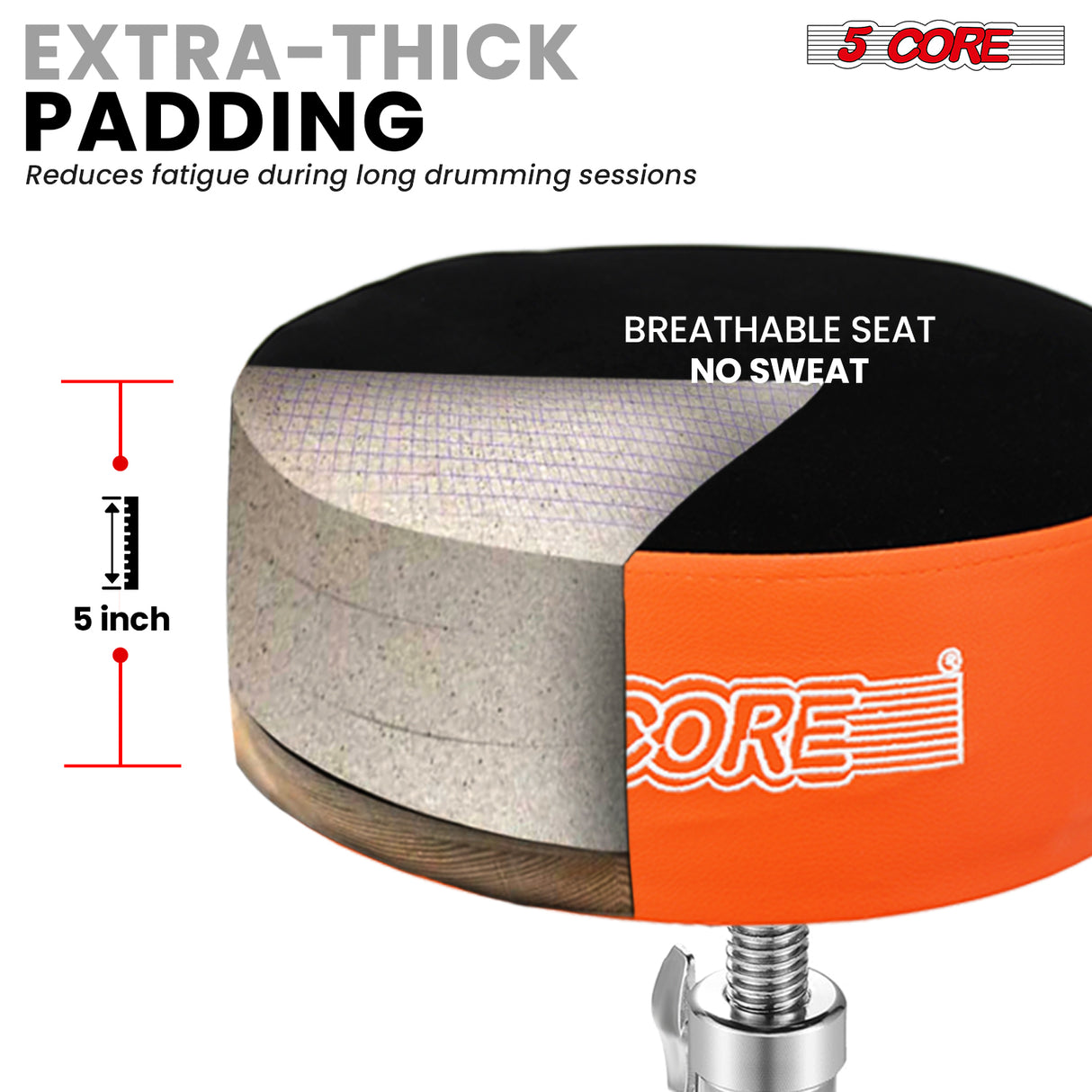 5 Core Drum Throne 5" Padded Drummer Seat Adjustable Drumming Chair w Luxury Velvet Top