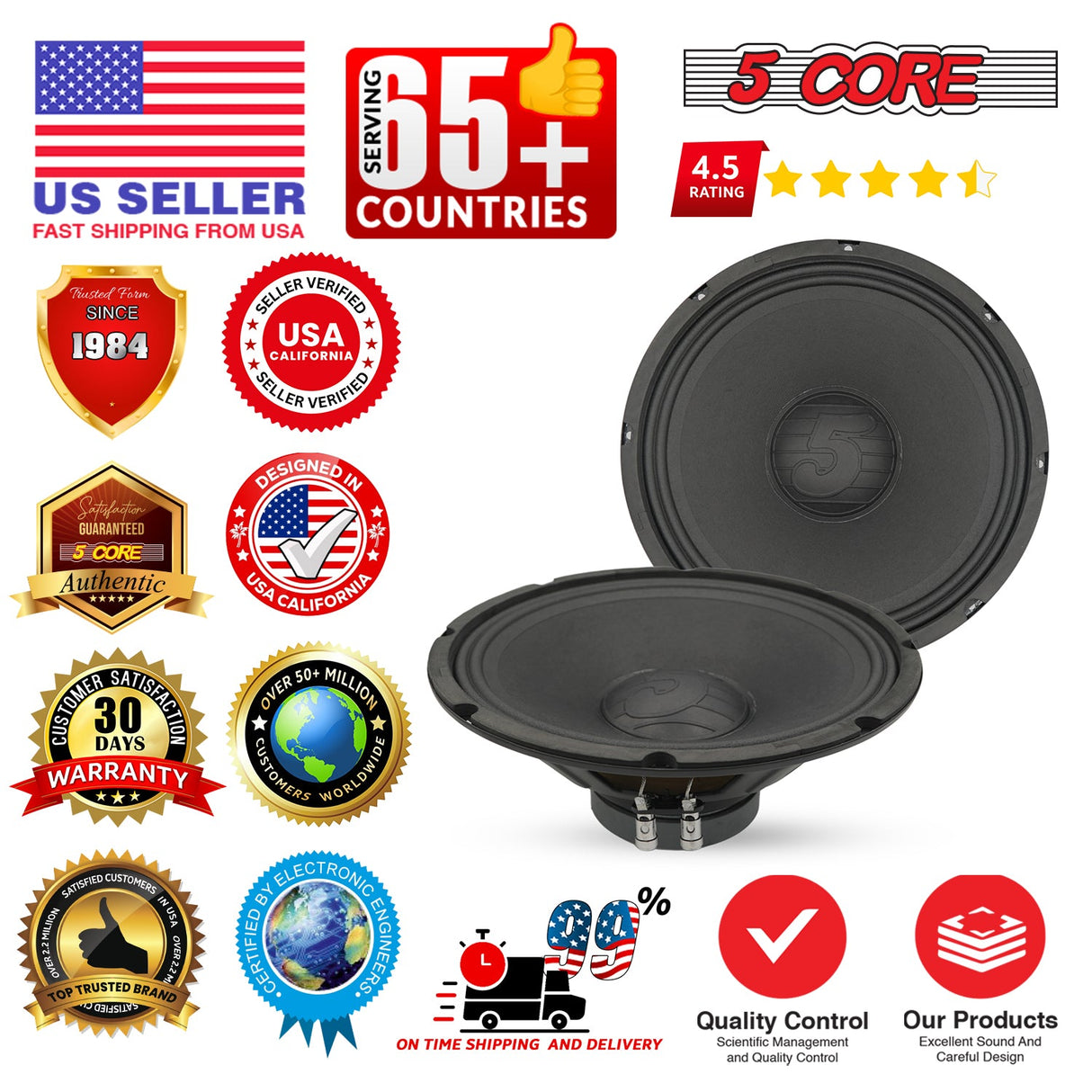 5 Core 12 Inch Speaker Pair Car Audio 200W Powerful Replacement Component Driver 4Ohm Loudspeaker