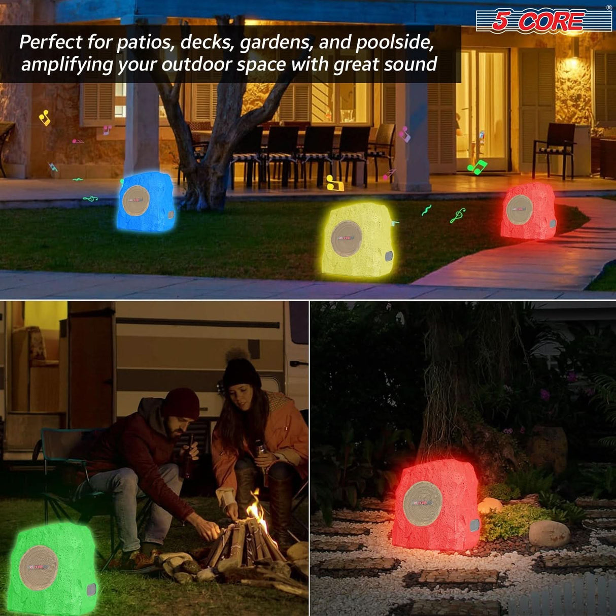 5 Core Rock Speaker Outdoor Waterproof Bluetooth Garden Speakers Solar & USB Charging RGB Colors for Patio Pool & Home